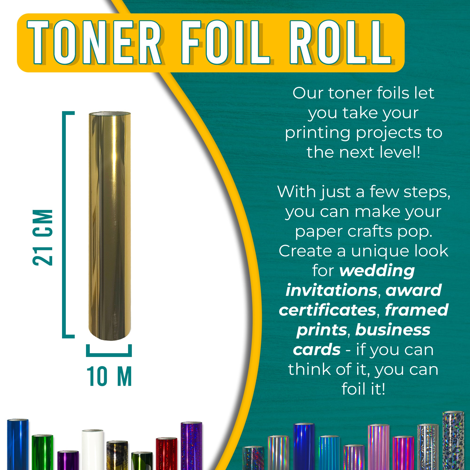 Metallic Light Gold toner foil 21 cm × 10 m for wedding invitations, certificates, framed prints & business cards—laser-toner reactive.