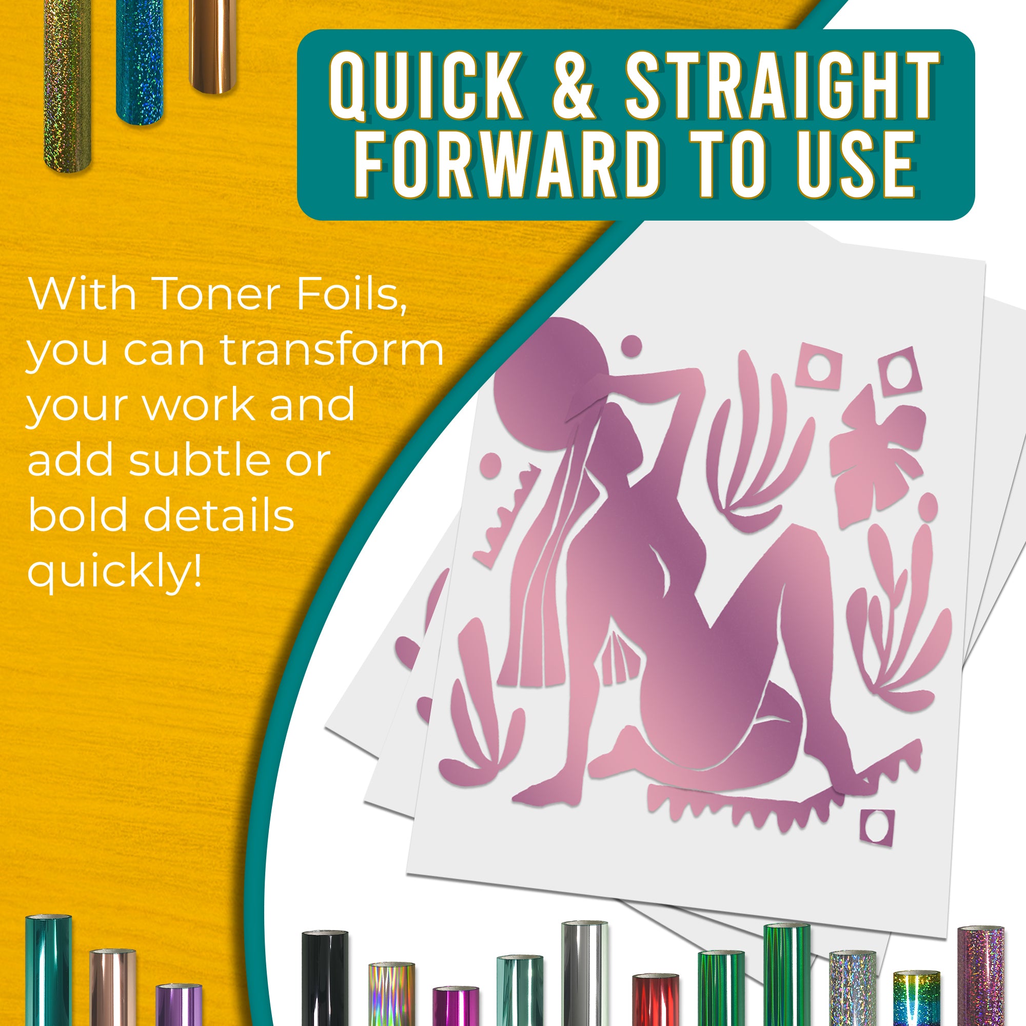 Metallic Light Pink toner foil example print, smooth, bold coverage on silhouette artwork; quick, straightforward foiling results