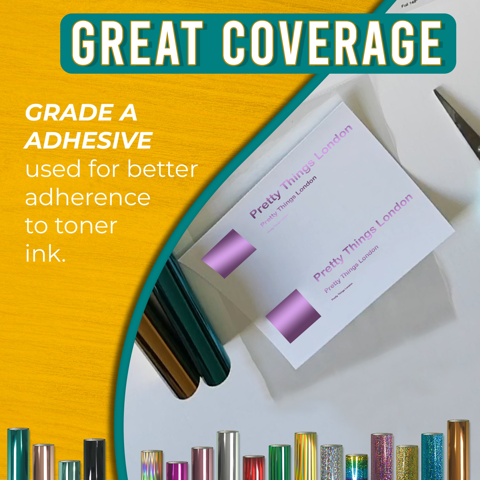 Grade-A adhesive Metallic Lilac toner foil showing crisp, solid coverage on business cards—reliable transfer to toner ink