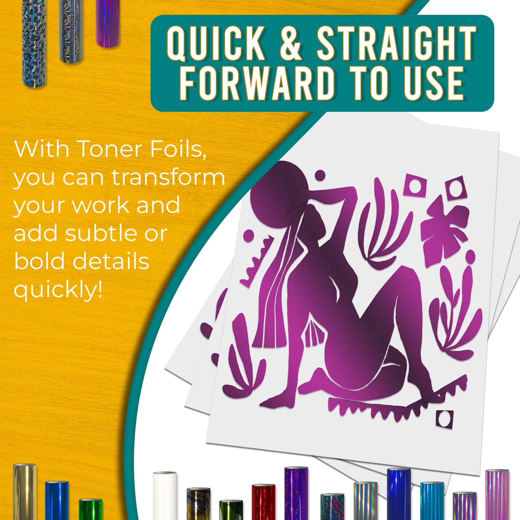 Metallic Purple toner foil example print, smooth, bold coverage on silhouette artwork; quick, straightforward foiling results