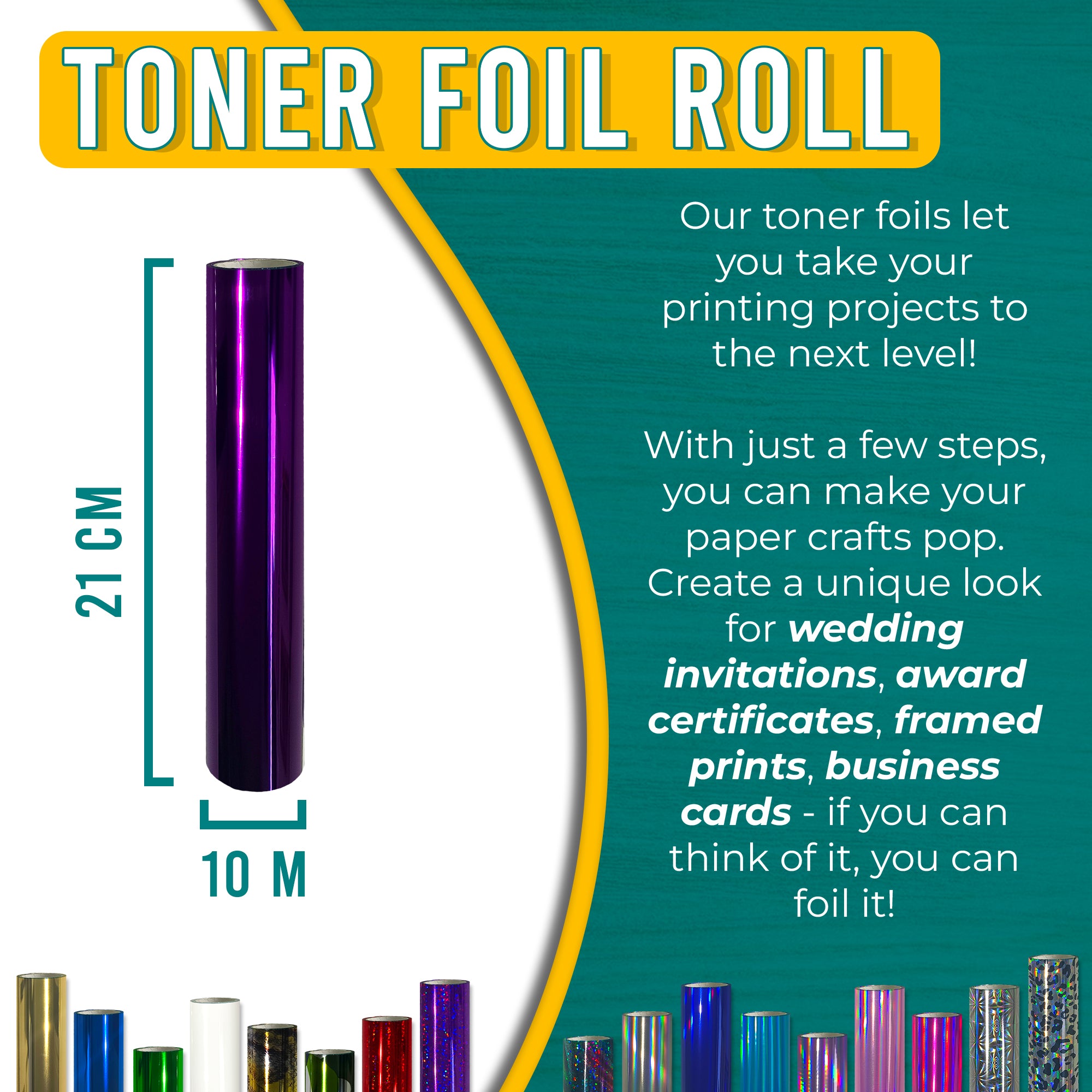 Metallic Purple toner foil 21 cm × 10 m for wedding invitations, certificates, framed prints & business cards—laser-toner reactive.