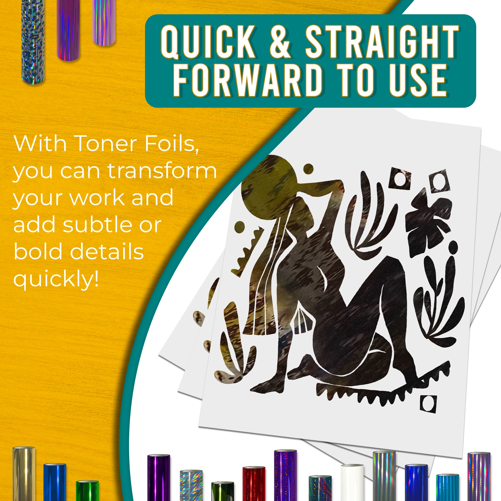 Metallic Reptallic toner foil example print, smooth, bold coverage on silhouette artwork; quick, straightforward foiling results