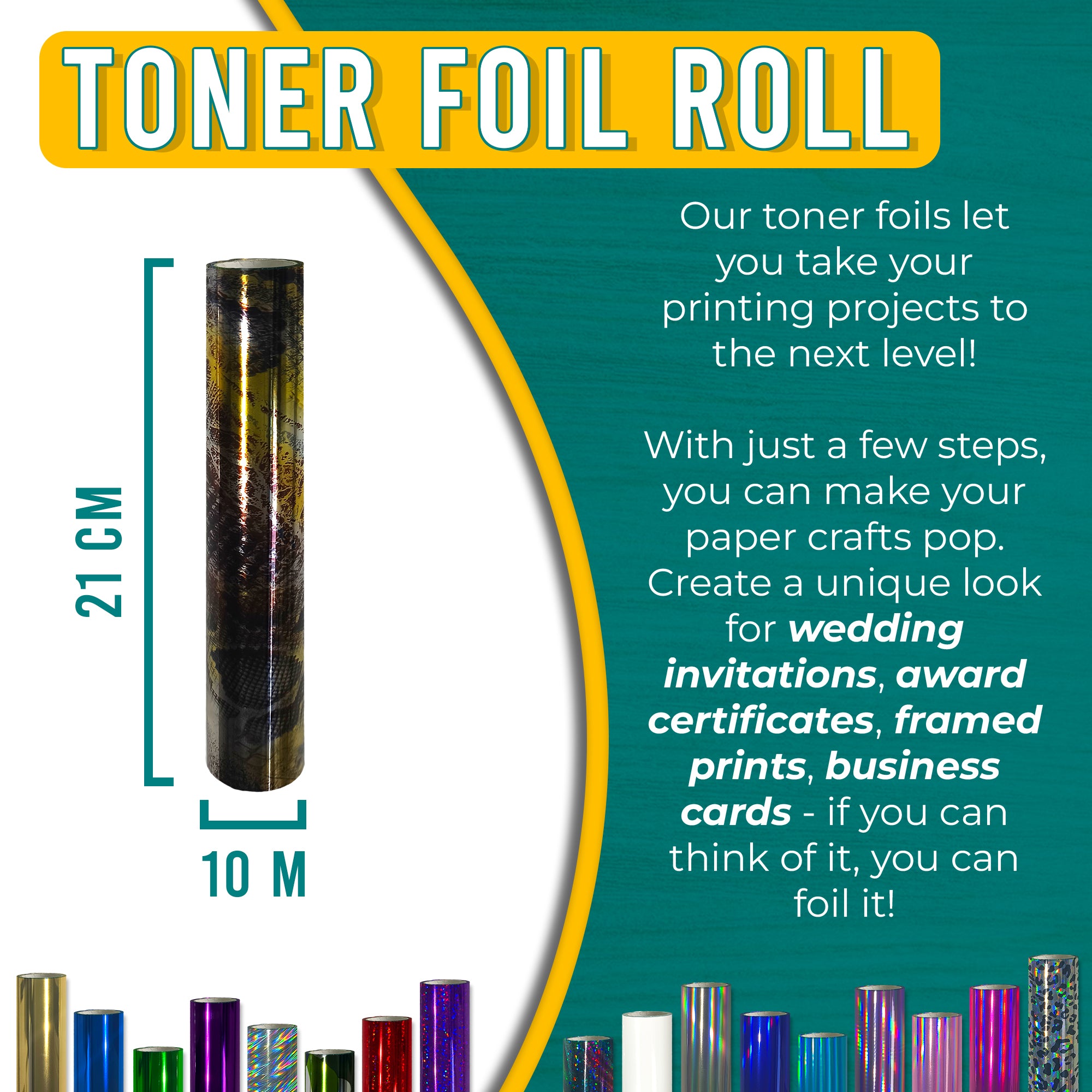 Metallic Reptallic toner foil 21 cm × 10 m for wedding invitations, certificates, framed prints & business cards—laser-toner reactive.