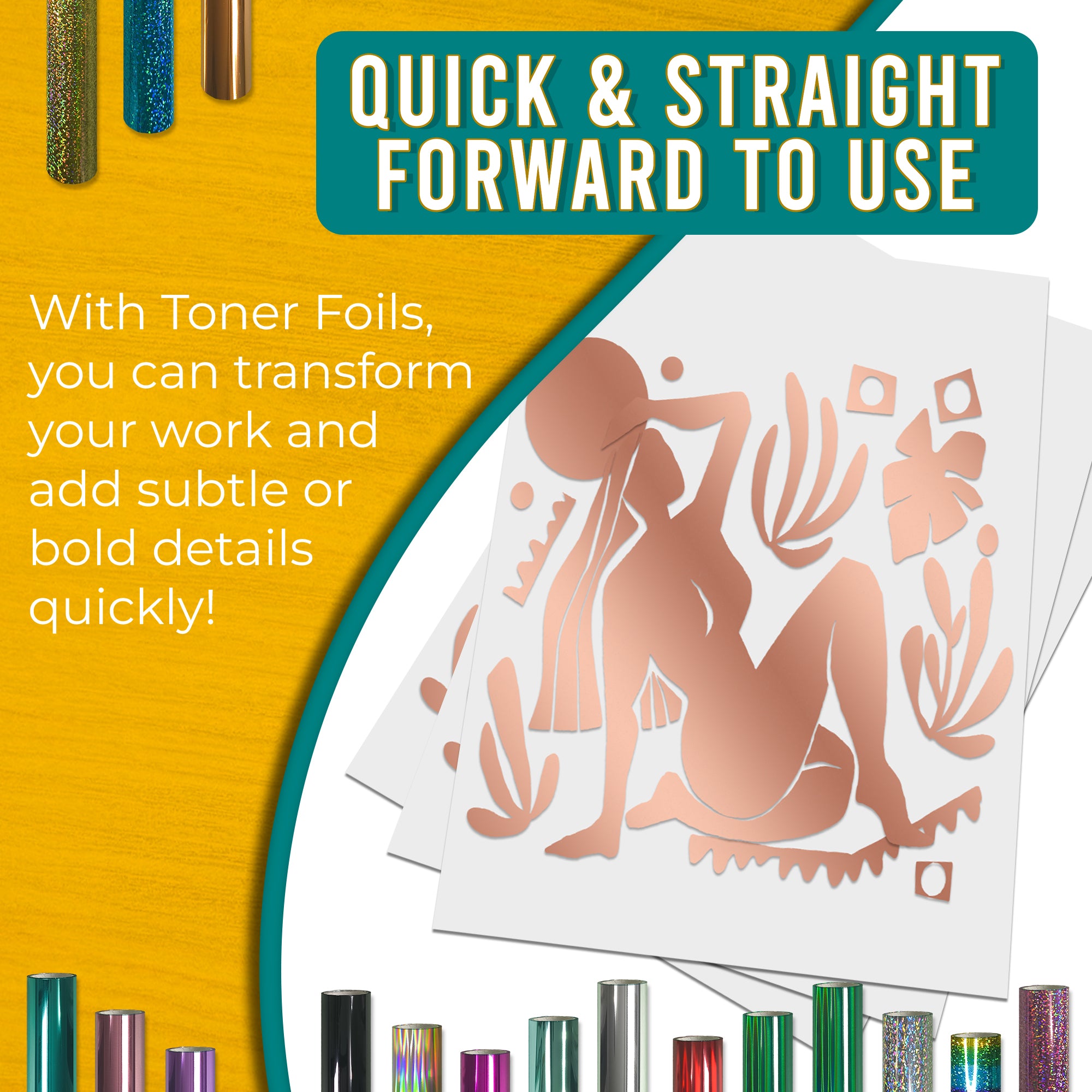 Metallic Rose Gold toner foil example print, smooth, bold coverage on silhouette artwork; quick, straightforward foiling results