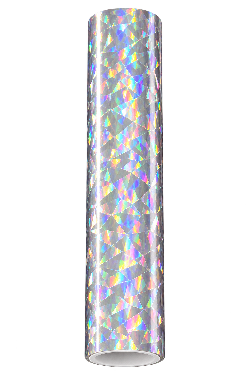 Prism Silver toner foil roll with crystal-like geometric facets and holographic rainbow reflections