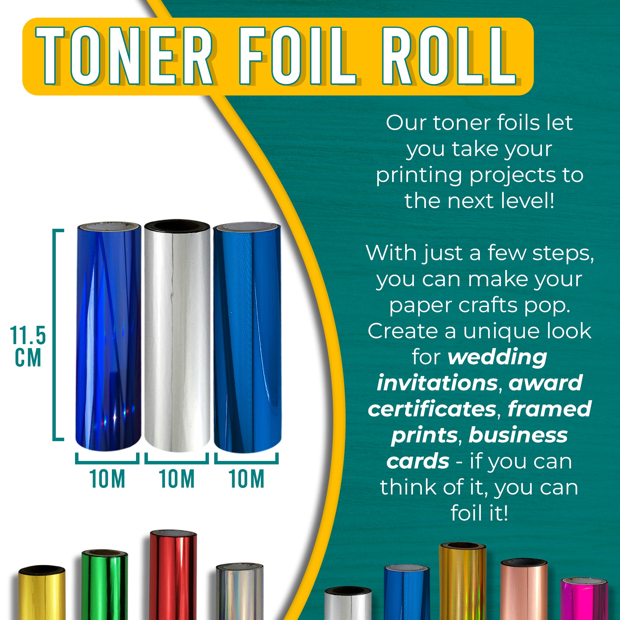 Graphic of a Holographic Blue, Metallic Silver & Blue toner foil roll measuring 11.5 cm by 10 m. Text explains how the stunning Holographic Blue, Metallic Silver & Blue foil can enhance printing projects, adding a dynamic and modern touch to wedding invitations, award certificates, framed prints, and business cards.