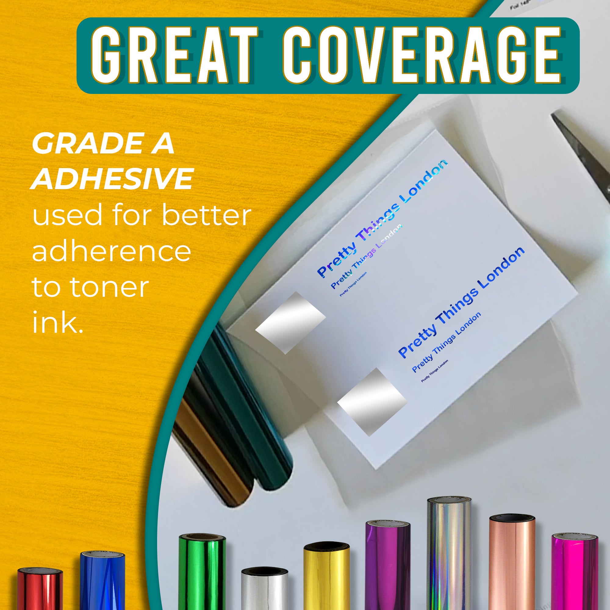 Graphic highlighting the excellent coverage of Holographic Blue, Metallic Silver & Blue toner foil using Grade A adhesive for strong adherence to toner ink. Includes an image of a business card with striking Holographic Blue, Metallic Silver & Blue foil accents.