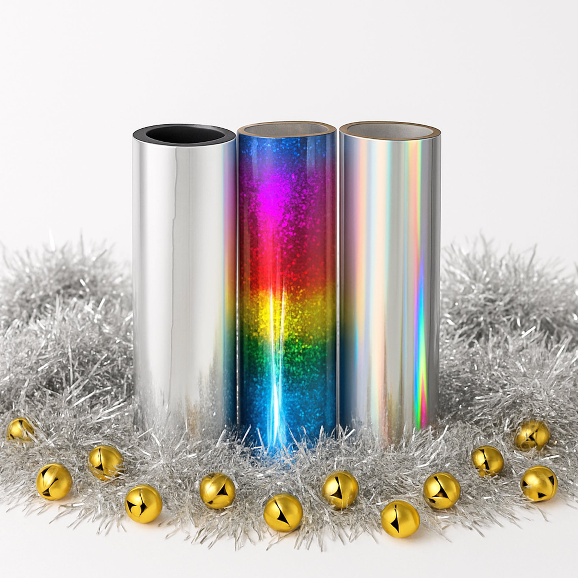 Three toner-foil rolls—metallic silver, rainbow glitter and holographic silver—surrounded by silver tinsel and gold jingle bells.