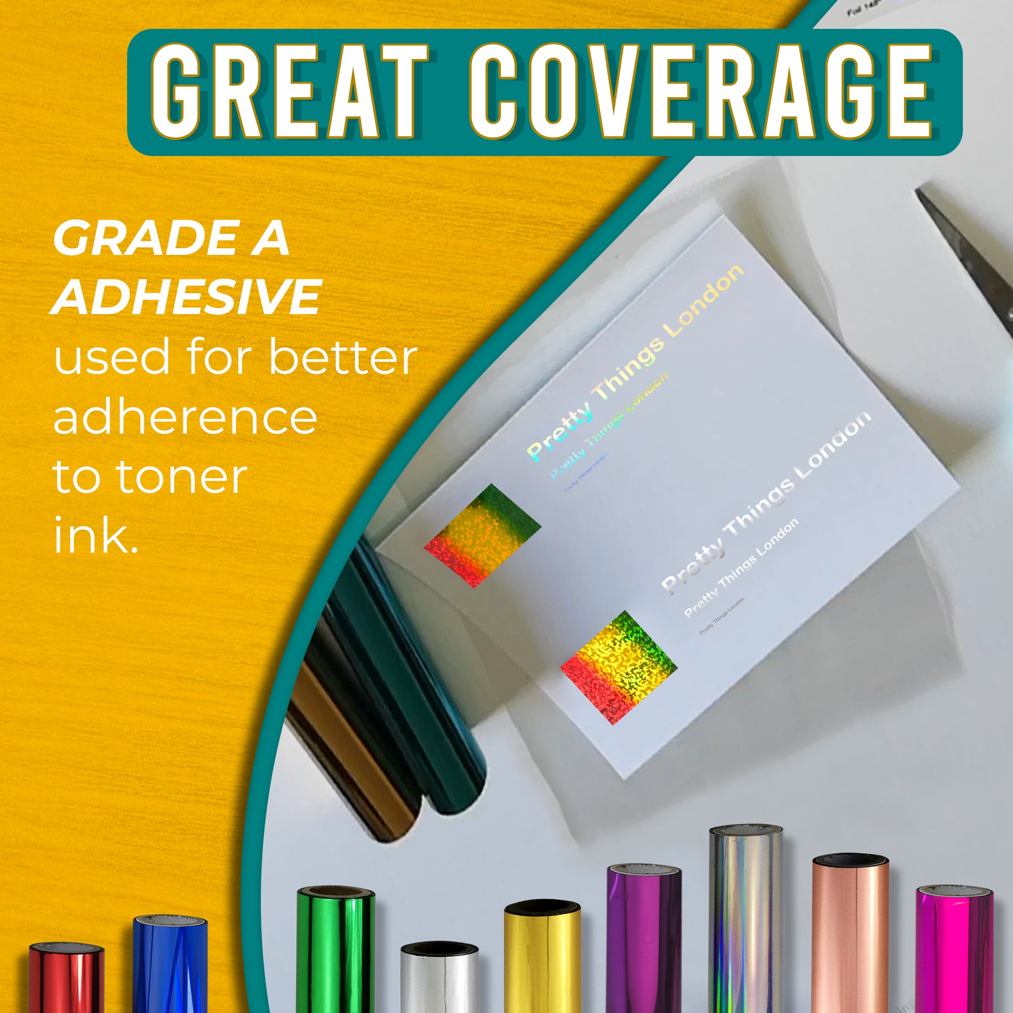 Graphic highlighting the excellent coverage of Metallic Silver, Holographic Silver and Rainbow Glitter toner foil using Grade A adhesive for strong adherence to toner ink. Includes an image of a business card with striking Metallic Silver, Holographic Silver and Rainbow Glitter foil accents.