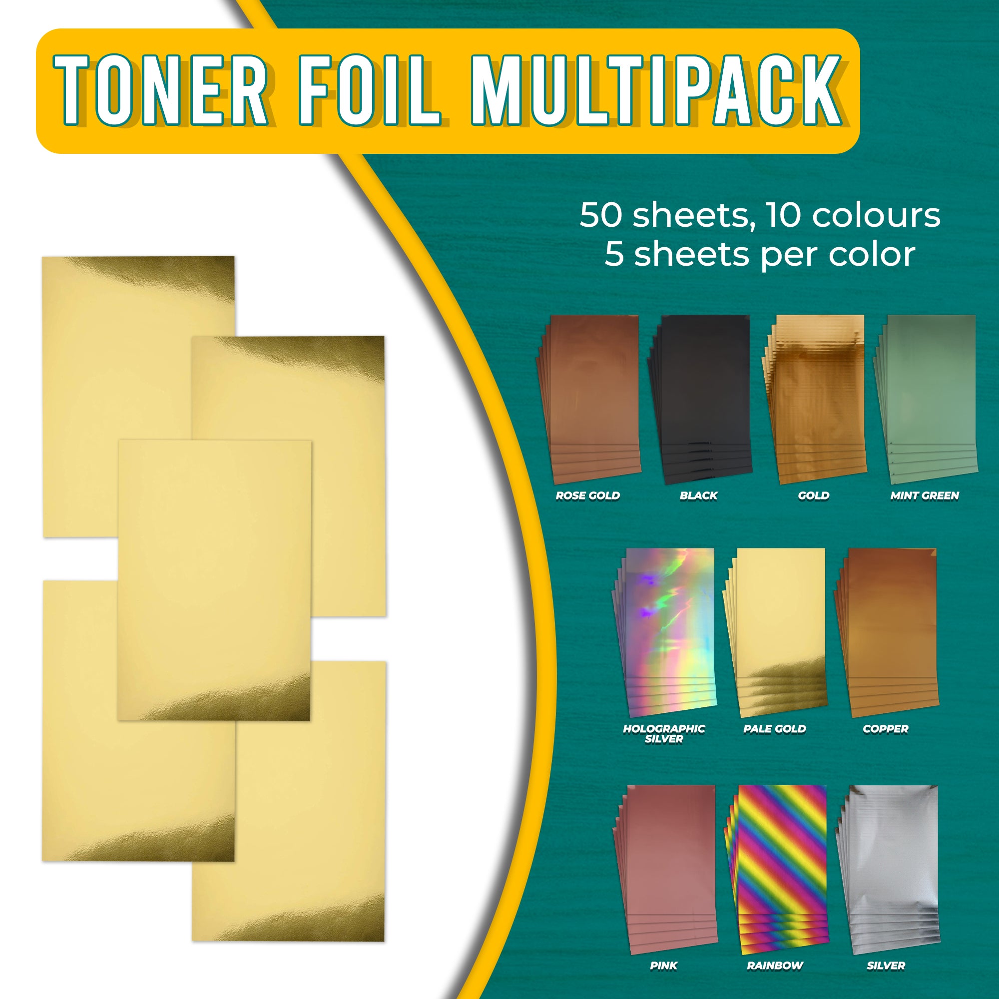 Graphic showing a multipack of toner foil sheets, featuring 10 different colours including holographic silver, pale gold, copper, gold, mint green, rose gold, black, pink, rainbow, and silver. Each colour is shown in a stack of 5 sheets.