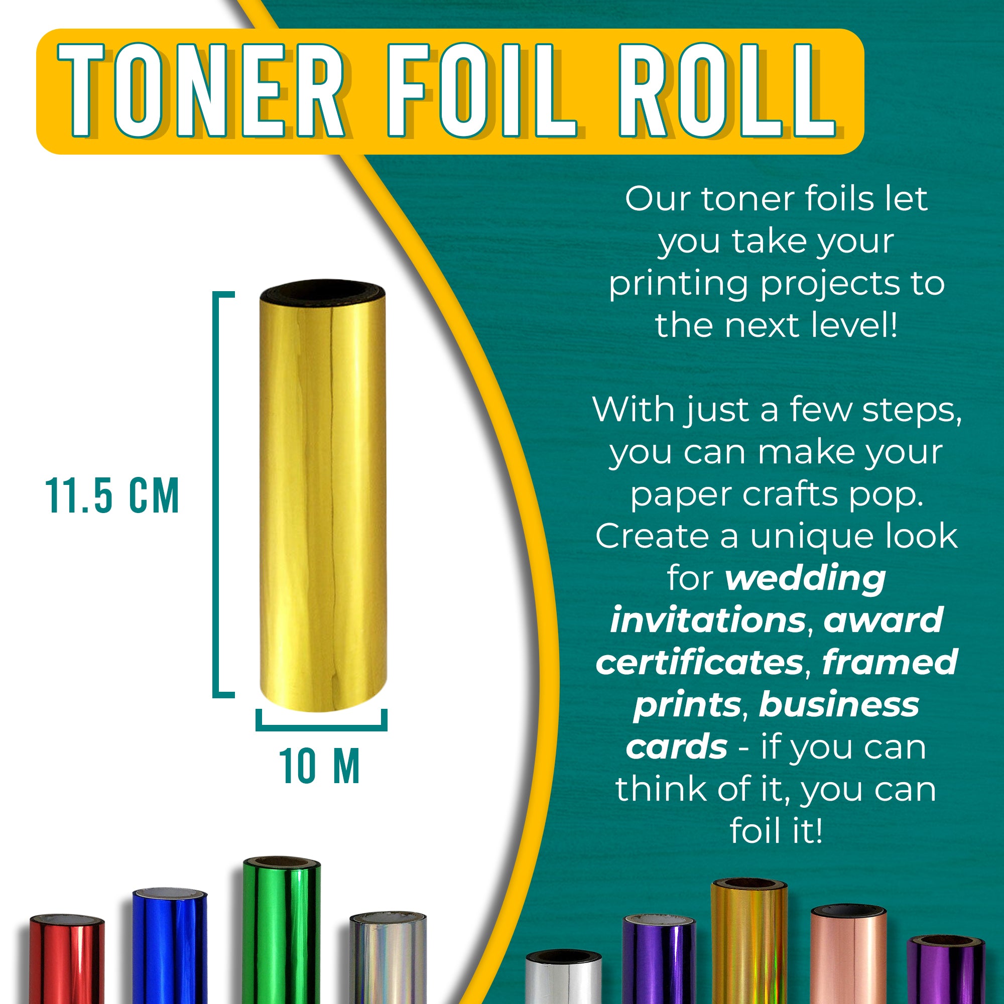Graphic of a copper toner foil roll measuring 11.5 cm by 10 m. Text explains how the luxurious copper foil can enhance printing projects, adding a warm, sophisticated element to wedding invitations, award certificates, framed prints, and business cards.