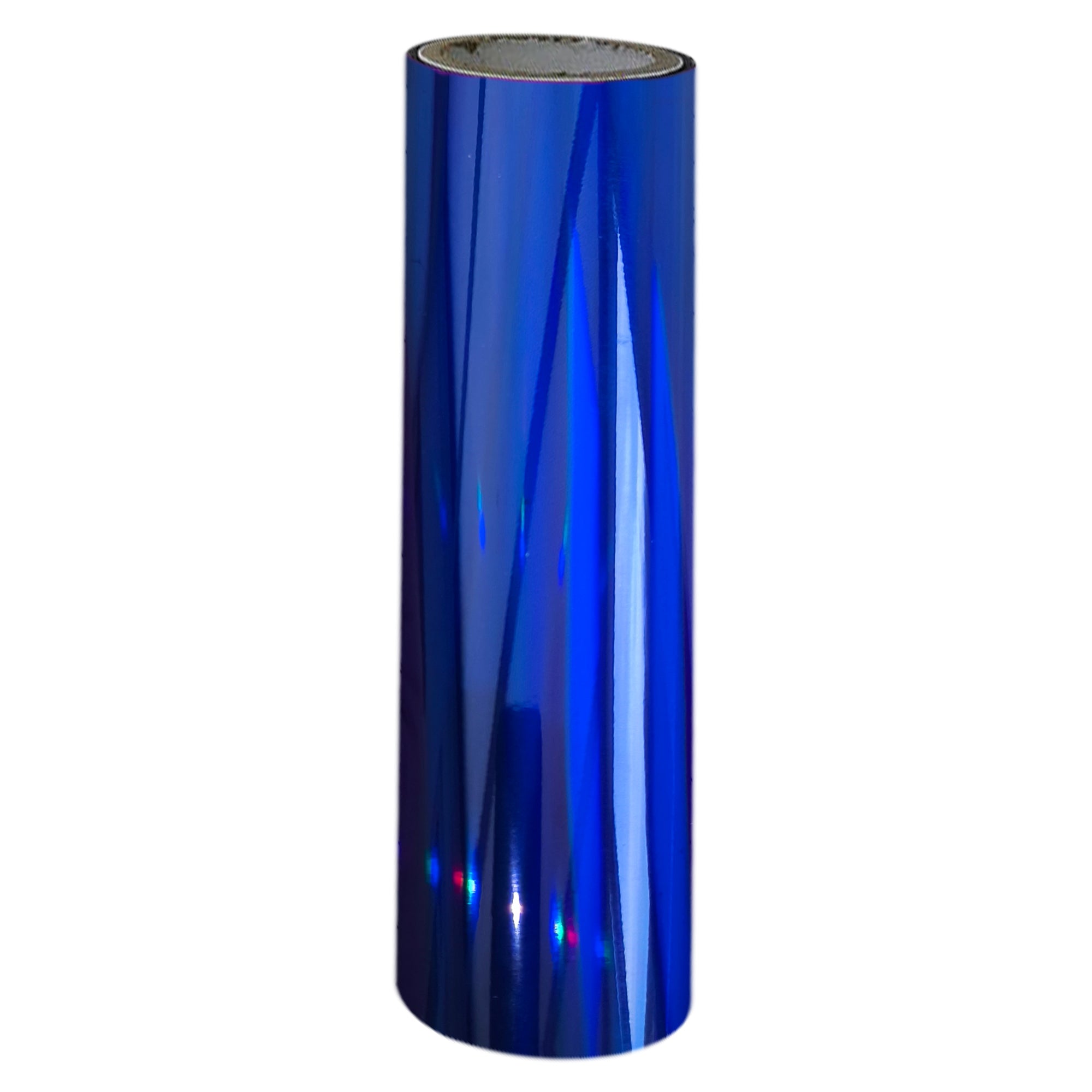 A single roll of holographic blue toner foil, reflecting a spectrum of colours.