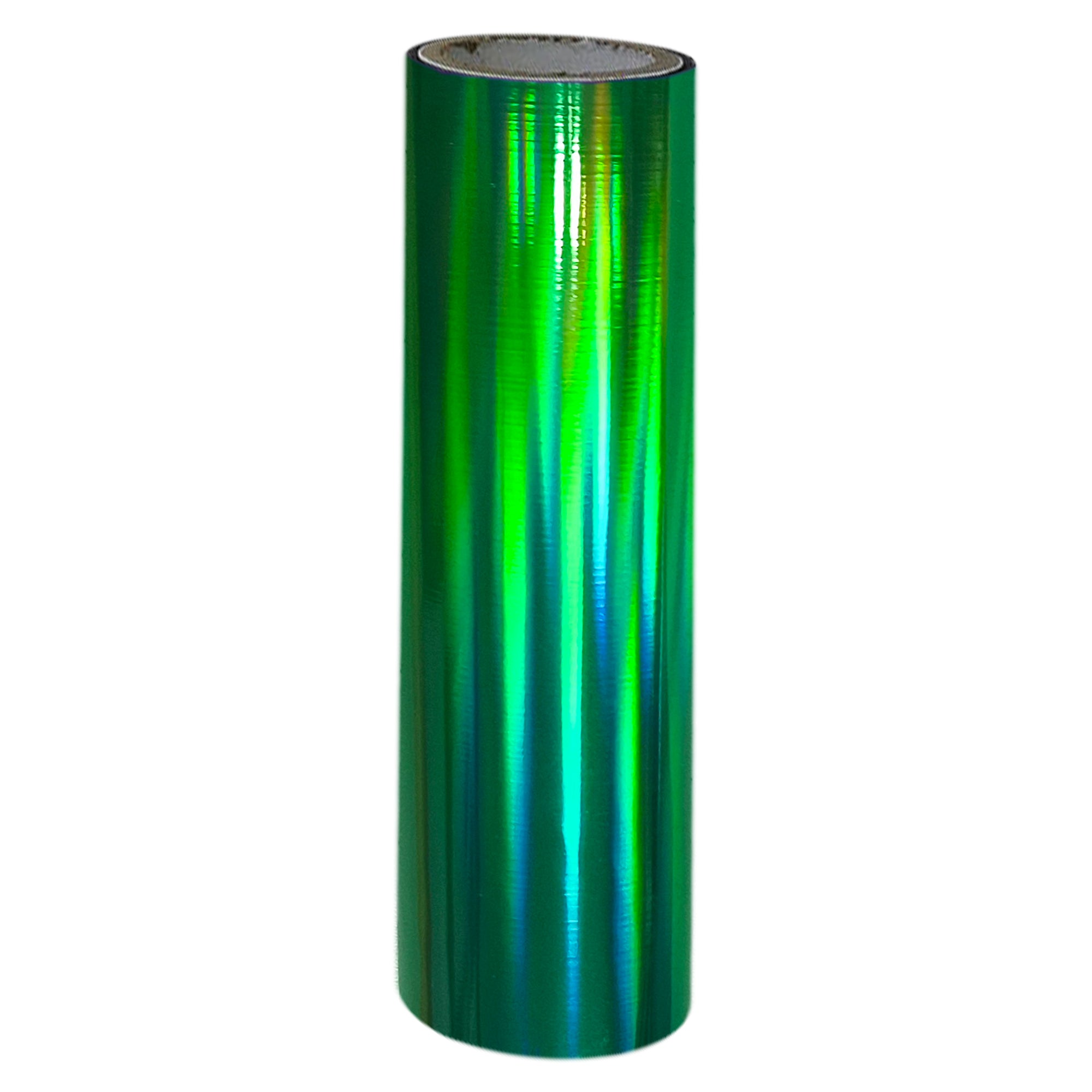 A single roll of holographic green toner foil, reflecting a spectrum of colours.