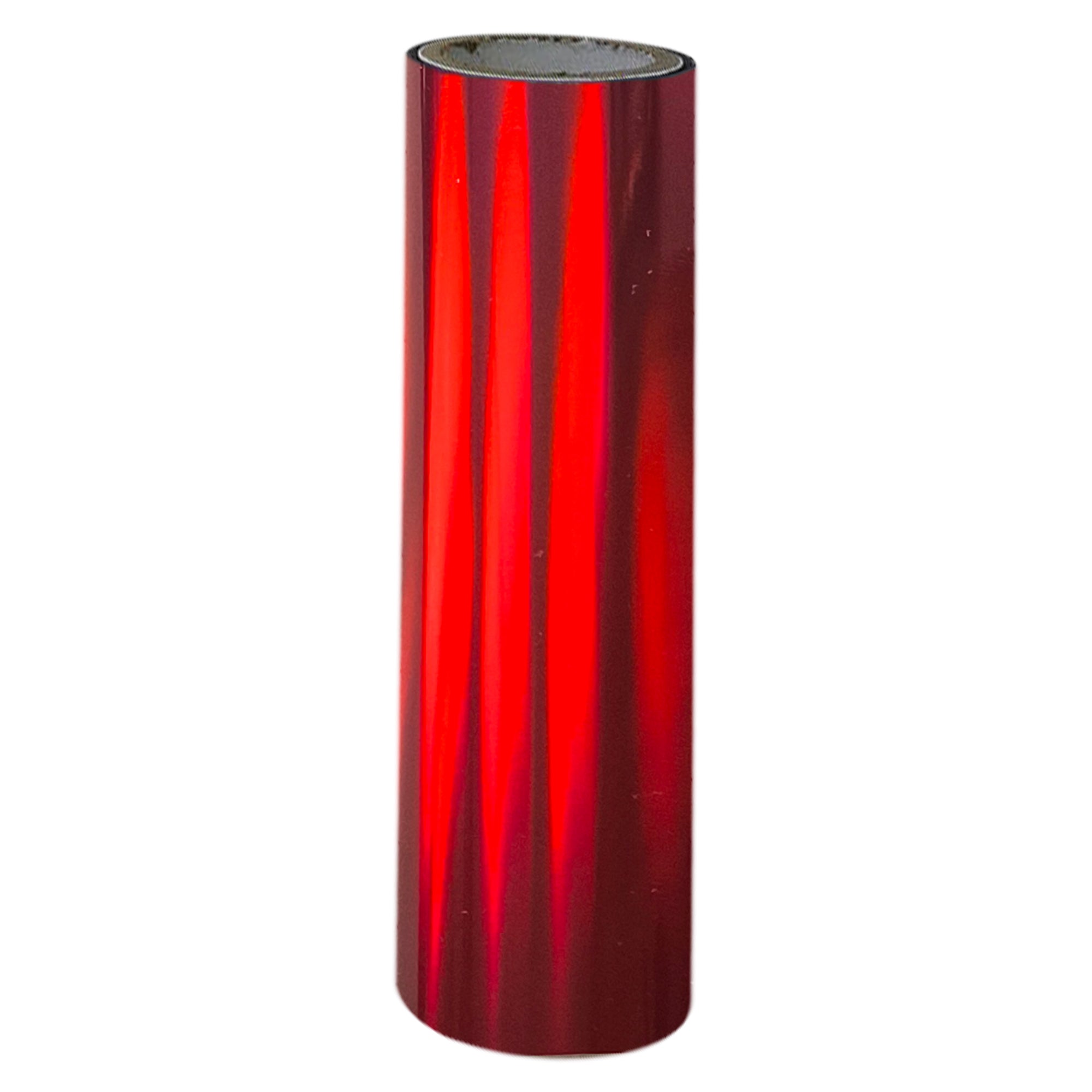 A single roll of holographic red toner foil, reflecting a spectrum of colours.