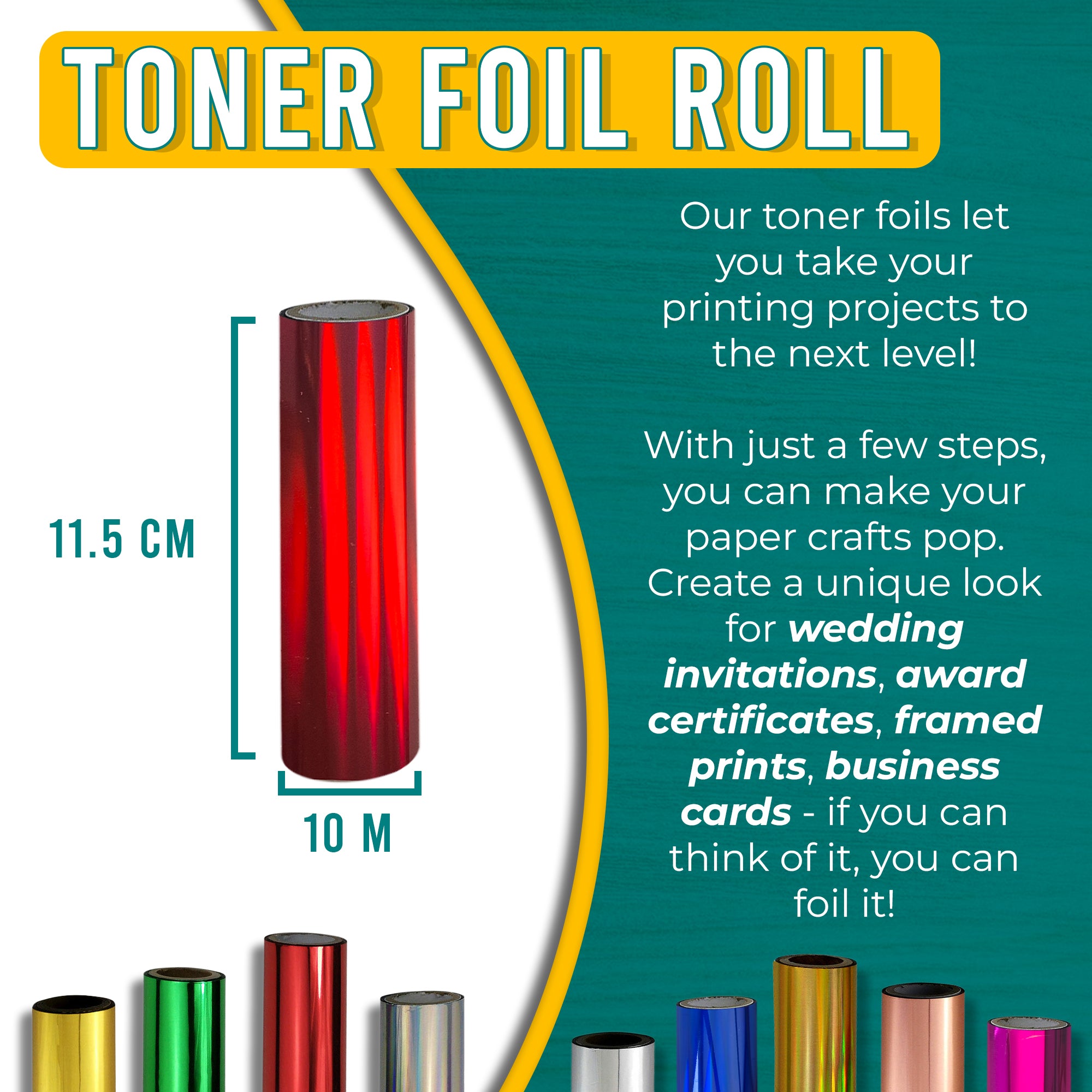 Graphic of a holographic red toner foil roll measuring 11.5 cm by 10 m. Text explains how the stunning holographic red foil can enhance printing projects, adding a dynamic and modern touch to wedding invitations, award certificates, framed prints, and business cards.