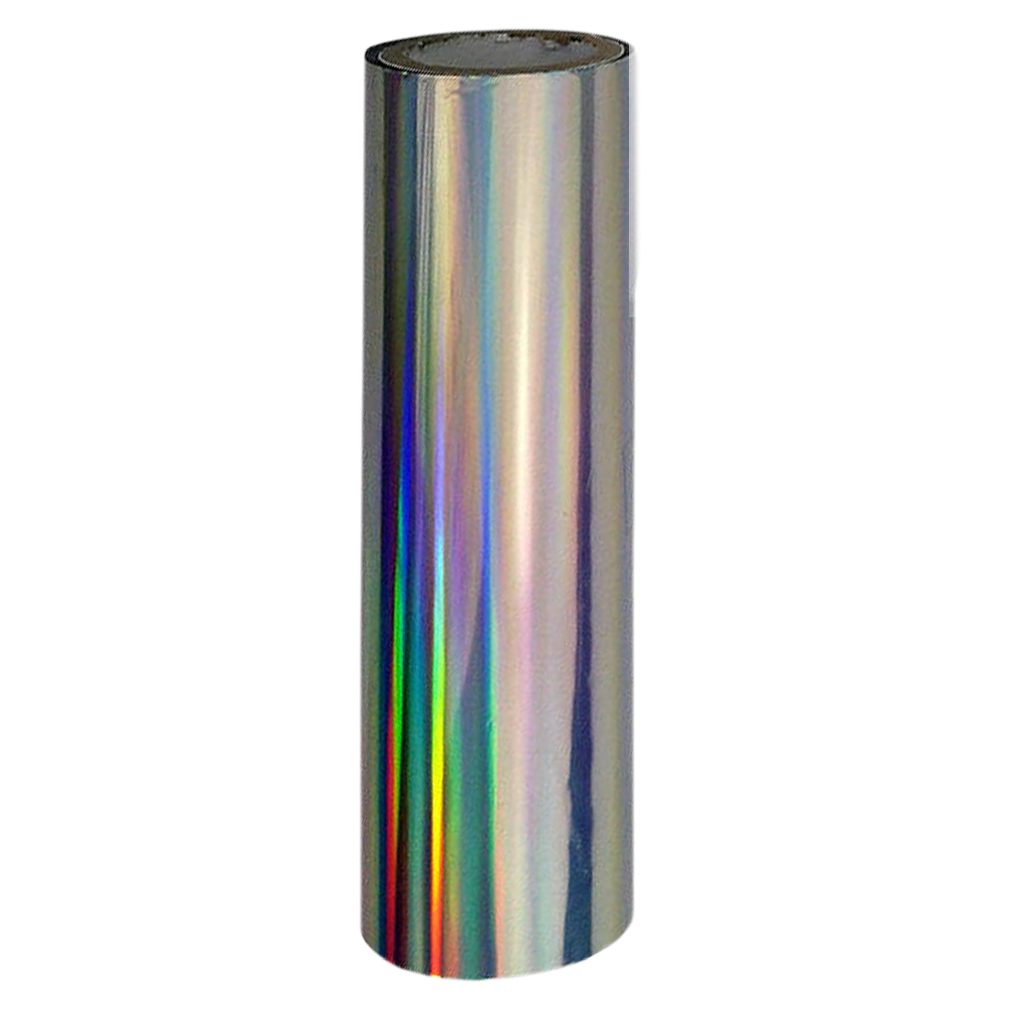 A single roll of holographic silver toner foil, reflecting a spectrum of colours.