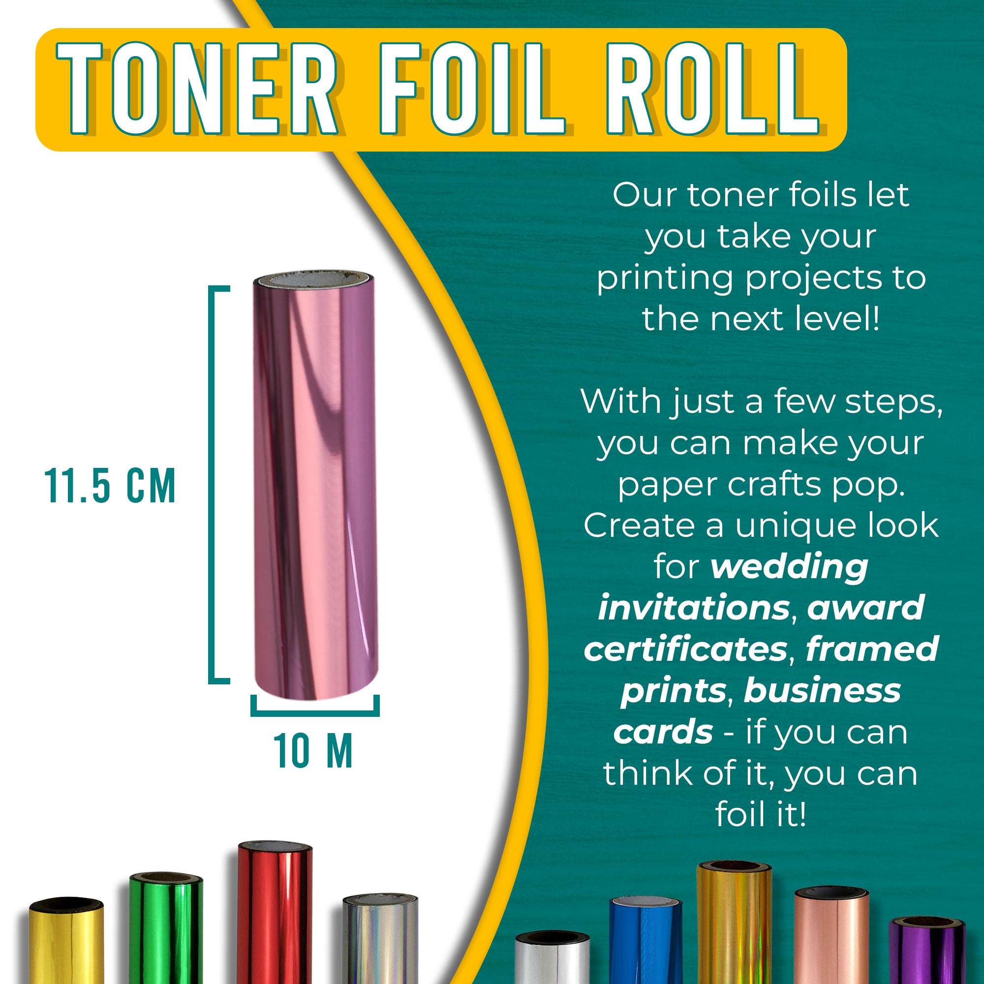 Graphic of a pale pink toner foil roll measuring 11.5 cm by 10 m. Text explains how the stunning pale pink foil can enhance printing projects, adding a dynamic and modern touch to wedding invitations, award certificates, framed prints, and business cards.