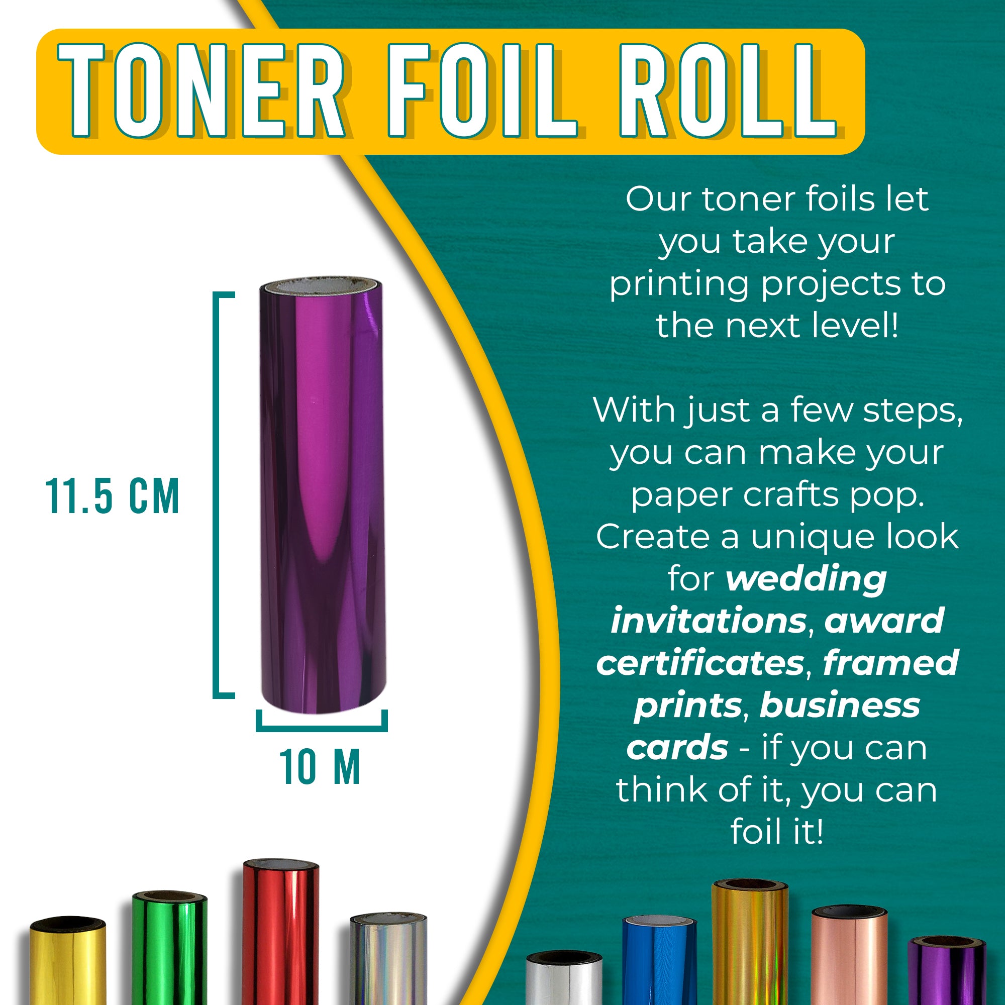 Graphic of a purple toner foil roll measuring 11.5 cm by 10 m. Text explains how the luxurious purple foil can enhance printing projects, adding a royal and sophisticated touch to wedding invitations, award certificates, framed prints, and business cards.