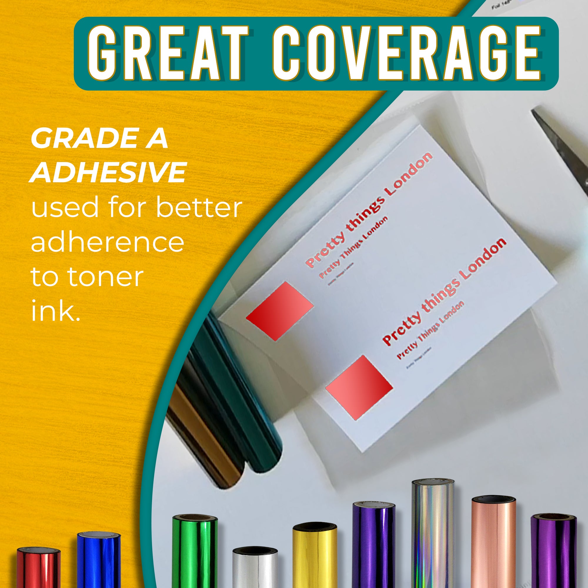 Graphic highlighting the excellent coverage of red toner foil using Grade A adhesive for strong adherence to toner ink. Includes an image of a business card with bold red foil accents.