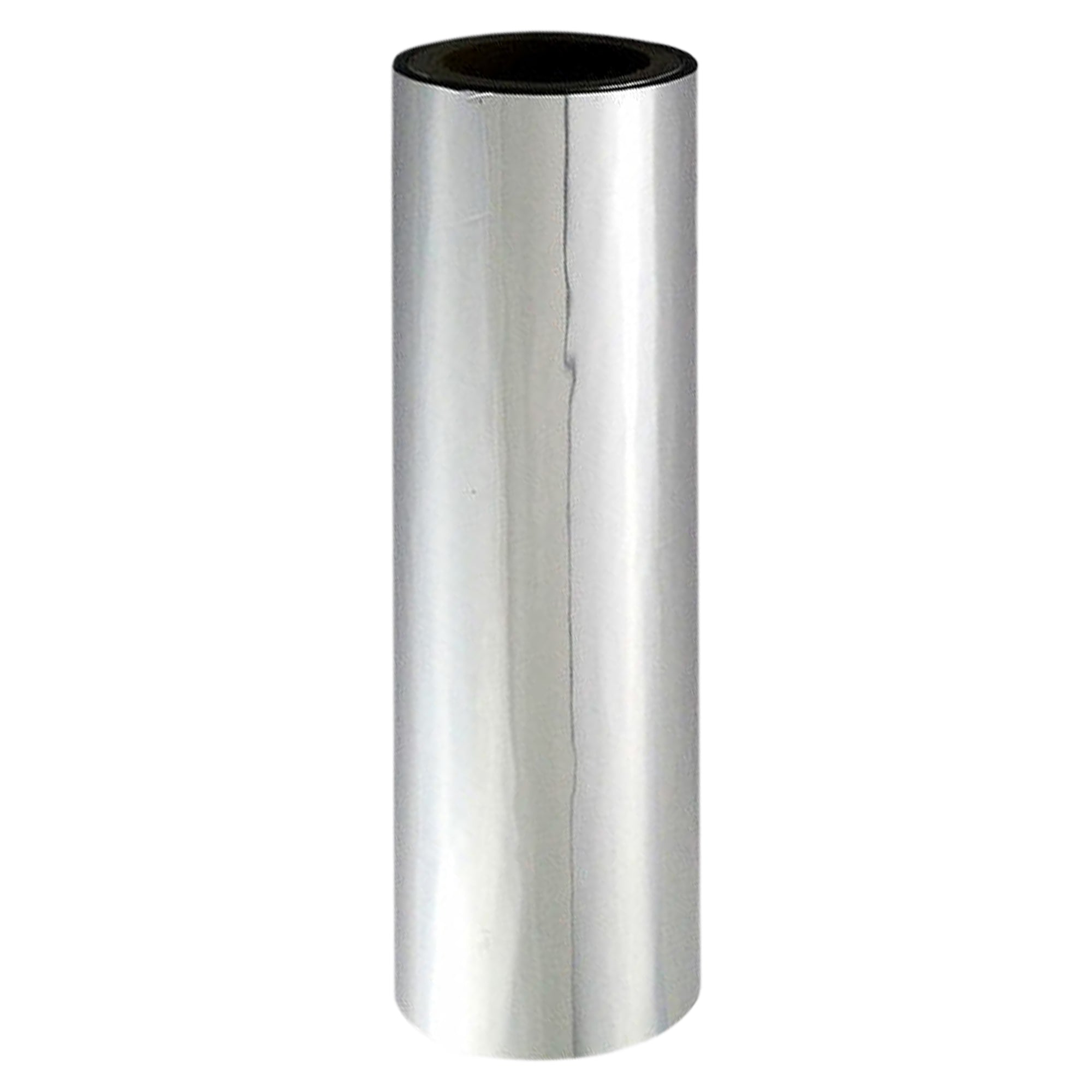 A single roll of shiny silver toner foil, with a bright, reflective finish.