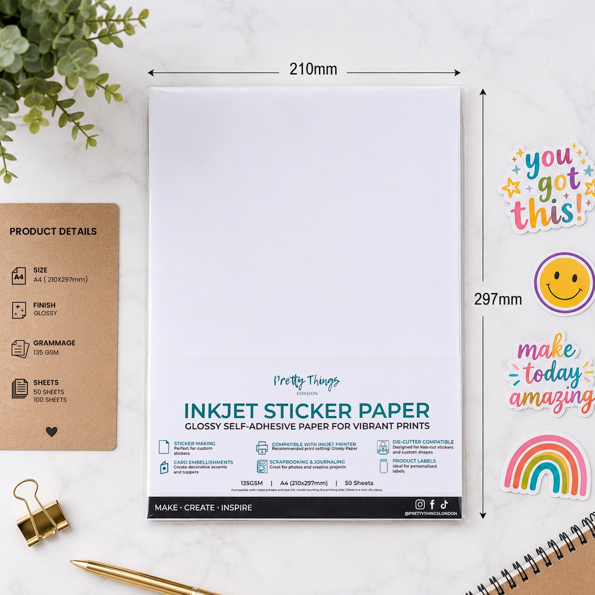 Image showing a pack of sticker paper with the A4 sizing and the 135gsm details