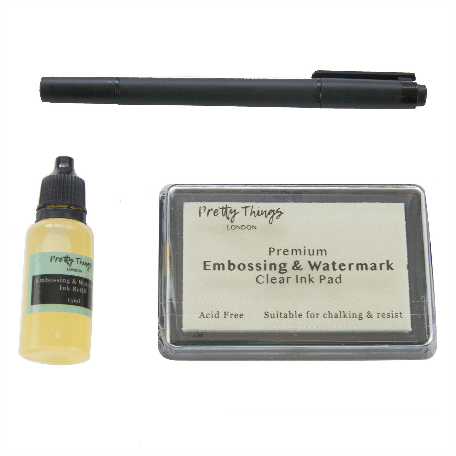 Heat embossing accessories: Clear ink stamp pad, Refill ink, dual tip pen