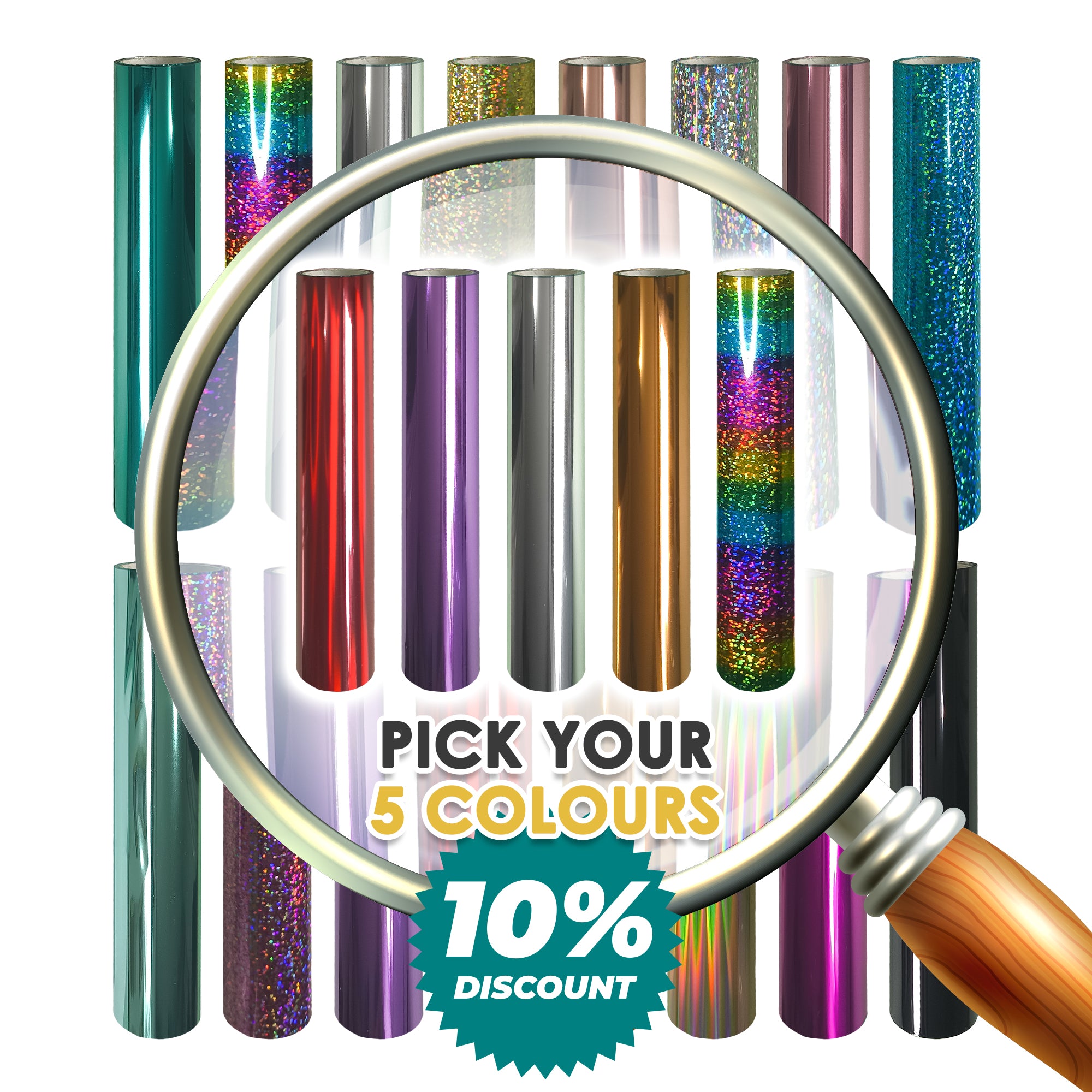 Pretty Things London Maker’s Mix bundle graphic with magnifying glass over multiple toner foil rolls, choose any 5 colours for custom foiled prints and packaging.