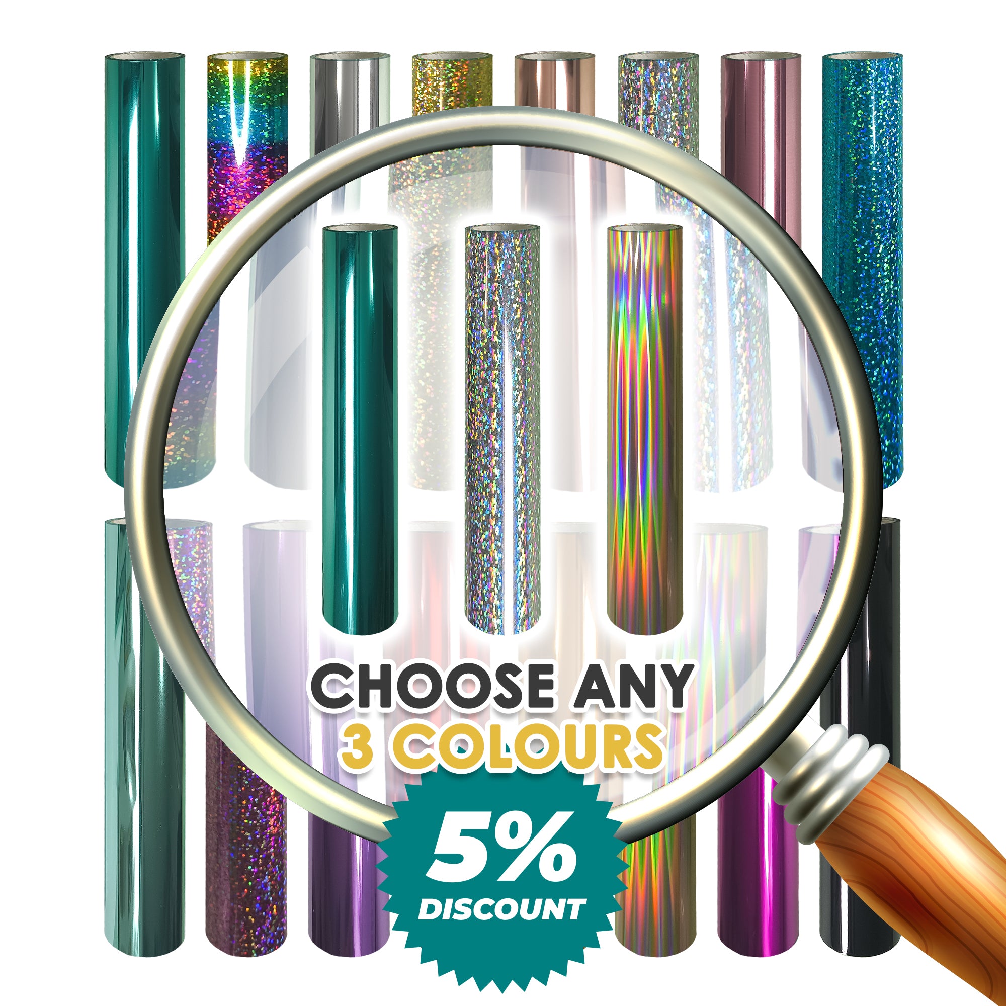 Pretty Things London Palette Pick bundle graphic with magnifying glass over multiple toner foil rolls, promoting mix-and-match choice of any 3 colours.