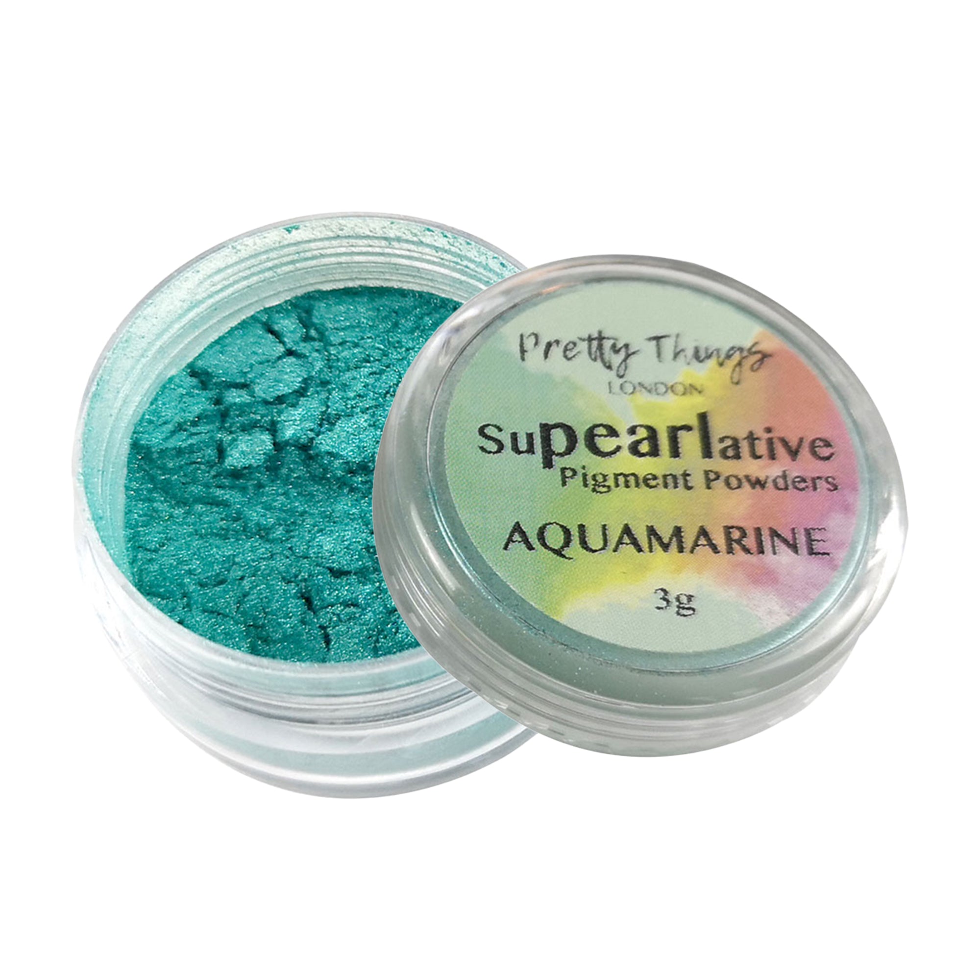 Pretty Things London Supearlative Pigment Powders Aquamarine 3g in an open container showing vibrant, shimmering gold pigment.