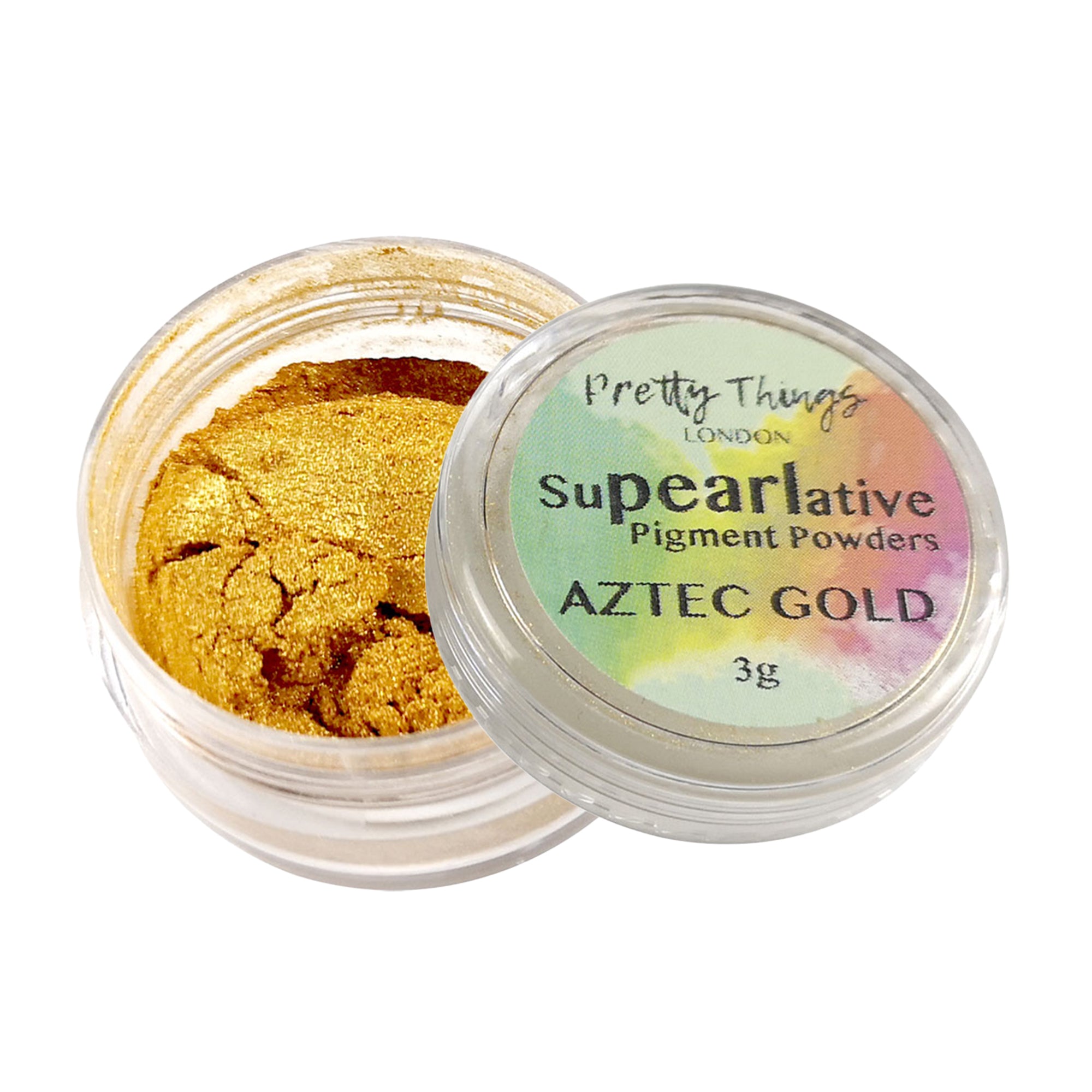 Pretty Things London Supearlative Pigment Powders Aztec Gold 3g in an open container showing vibrant, shimmering gold pigment.