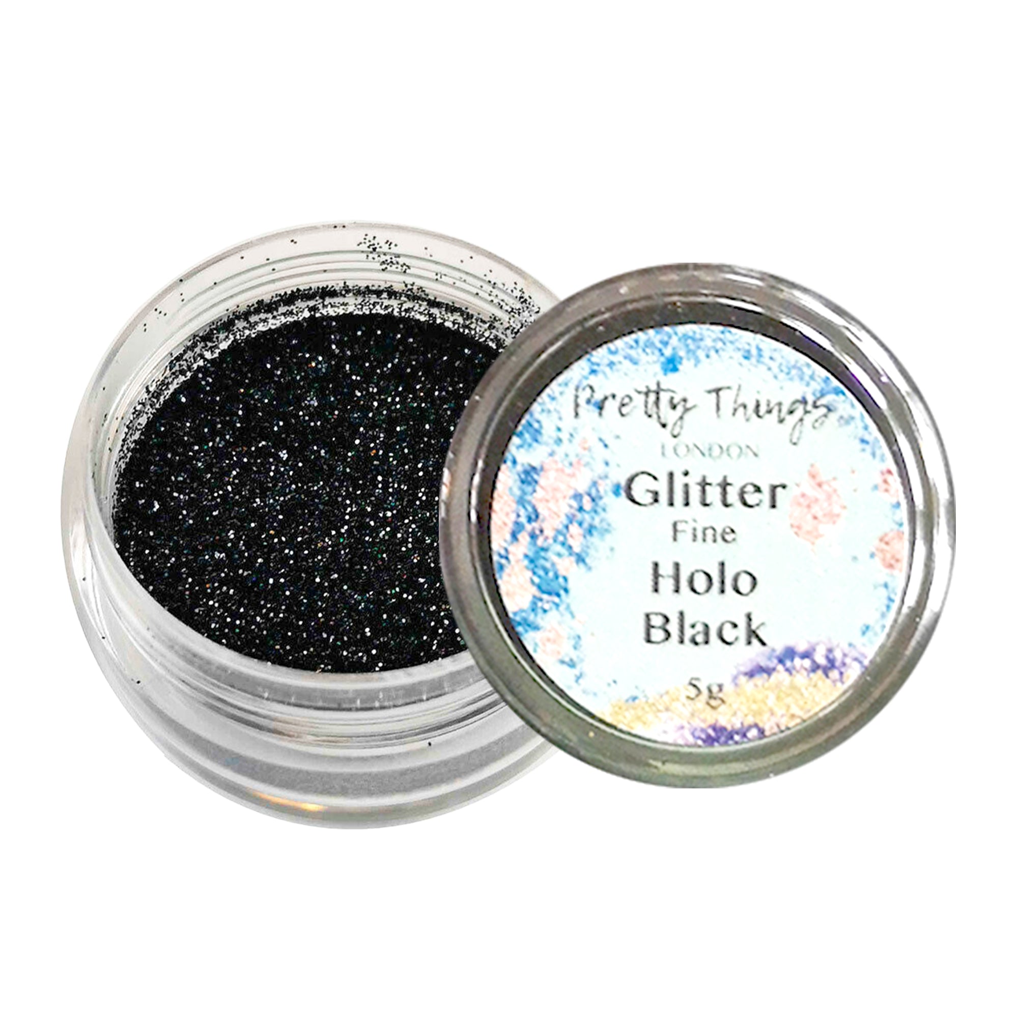 1.	Pretty Things London Fine Holographic Glitter in Black 5g in open container showing sparkles