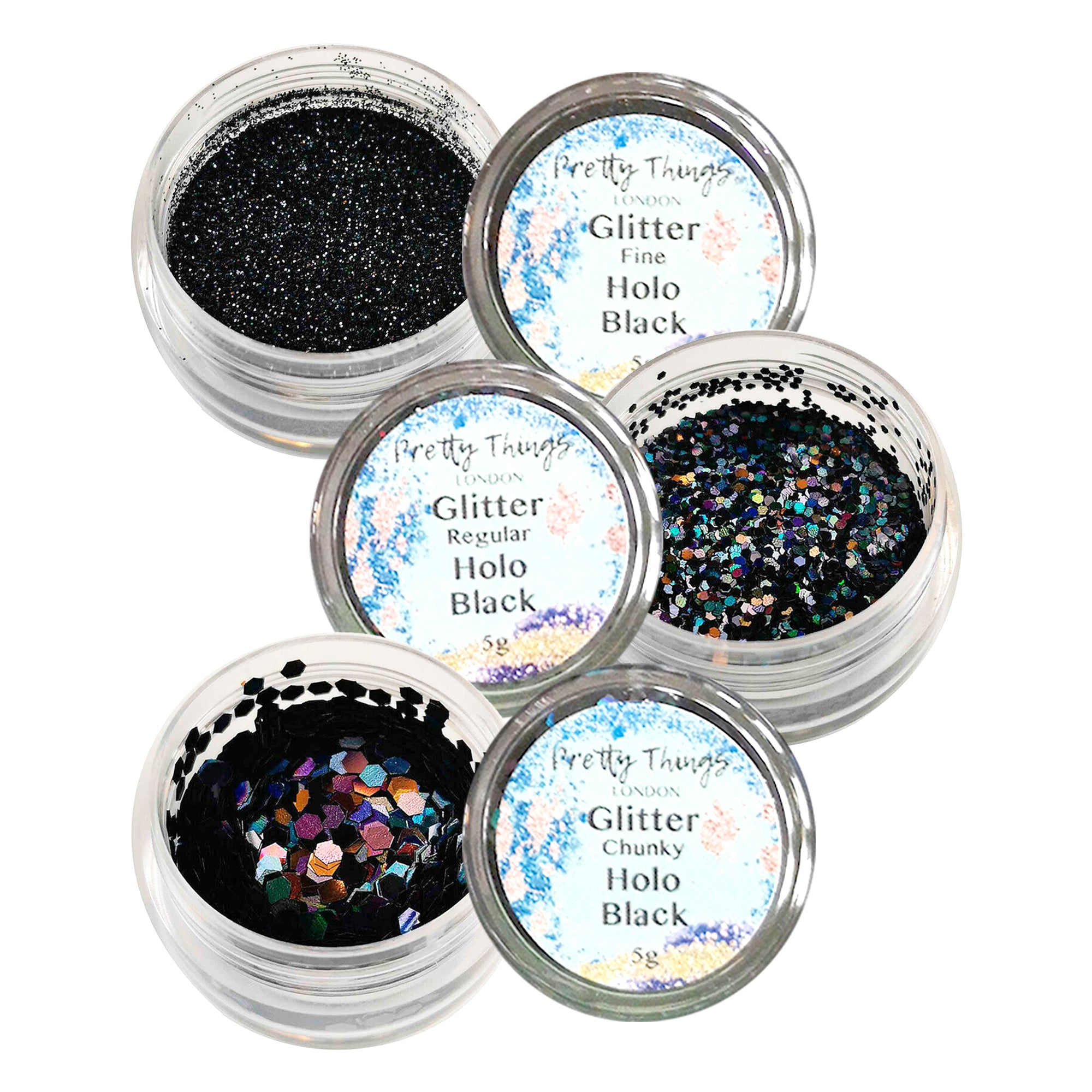 1.	Pretty Things London Black Glitter Trio - Fine, Regular, and Chunky Holographic Glitters