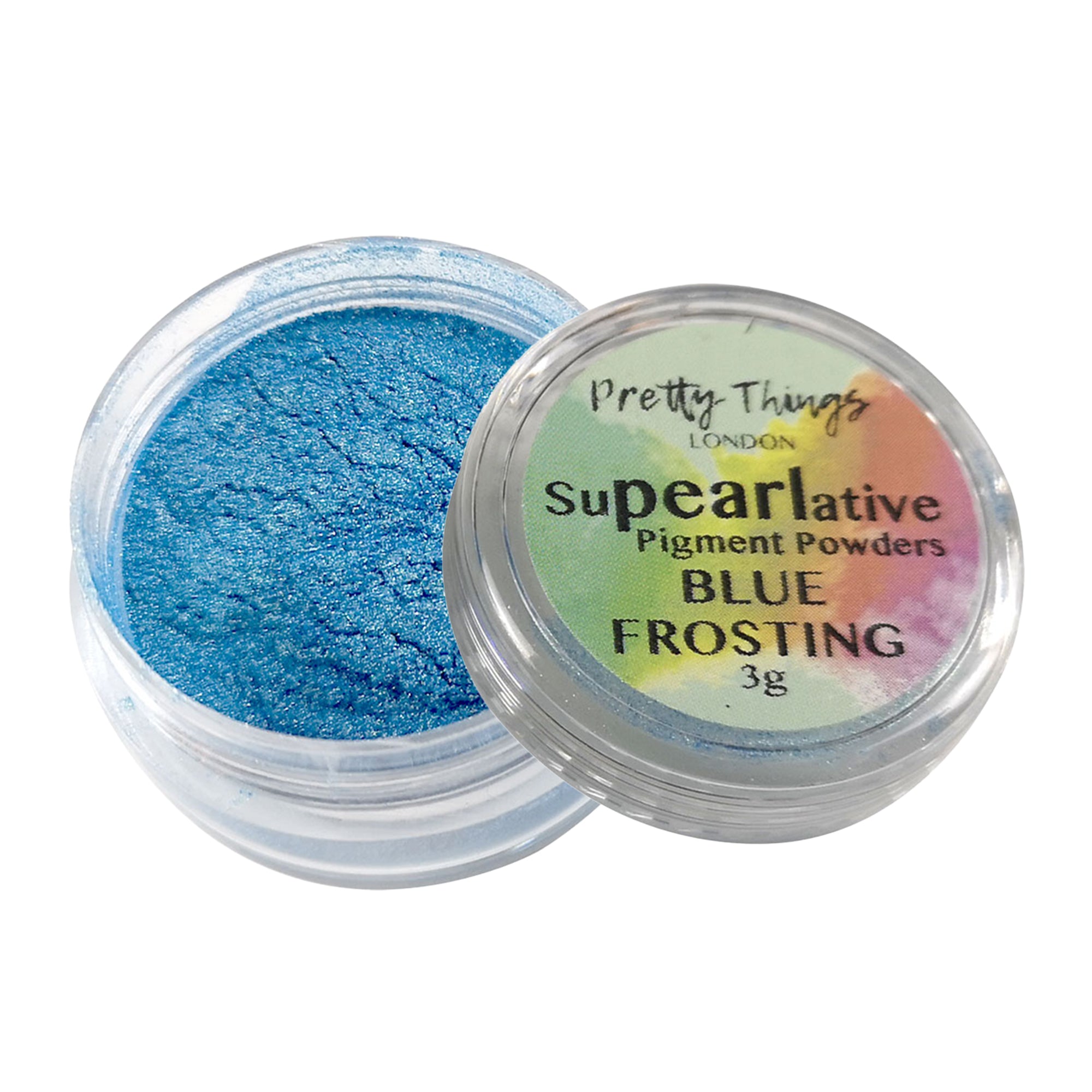 Pretty Things London Supearlative Pigment Powders Blue Frosting 3g in an open container showing vibrant, shimmering gold pigment.