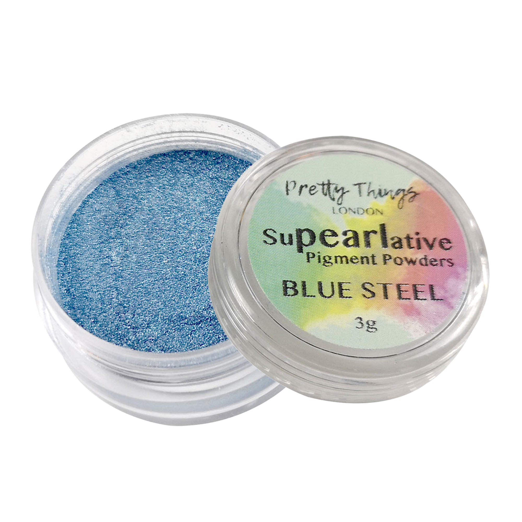 Pretty Things London Supearlative Pigment Powders Blue Steel 3g in an open container showing vibrant, shimmering gold pigment.