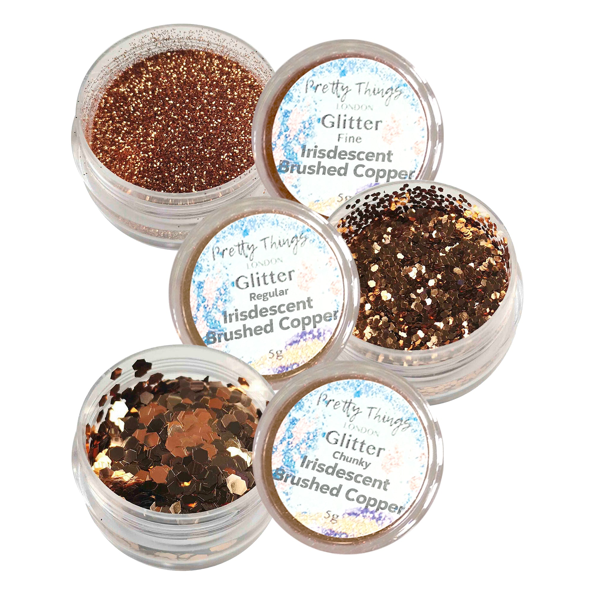 1.	Pretty Things London Metallic Brushed Copper Glitter Trio - Fine, Regular, and Chunky