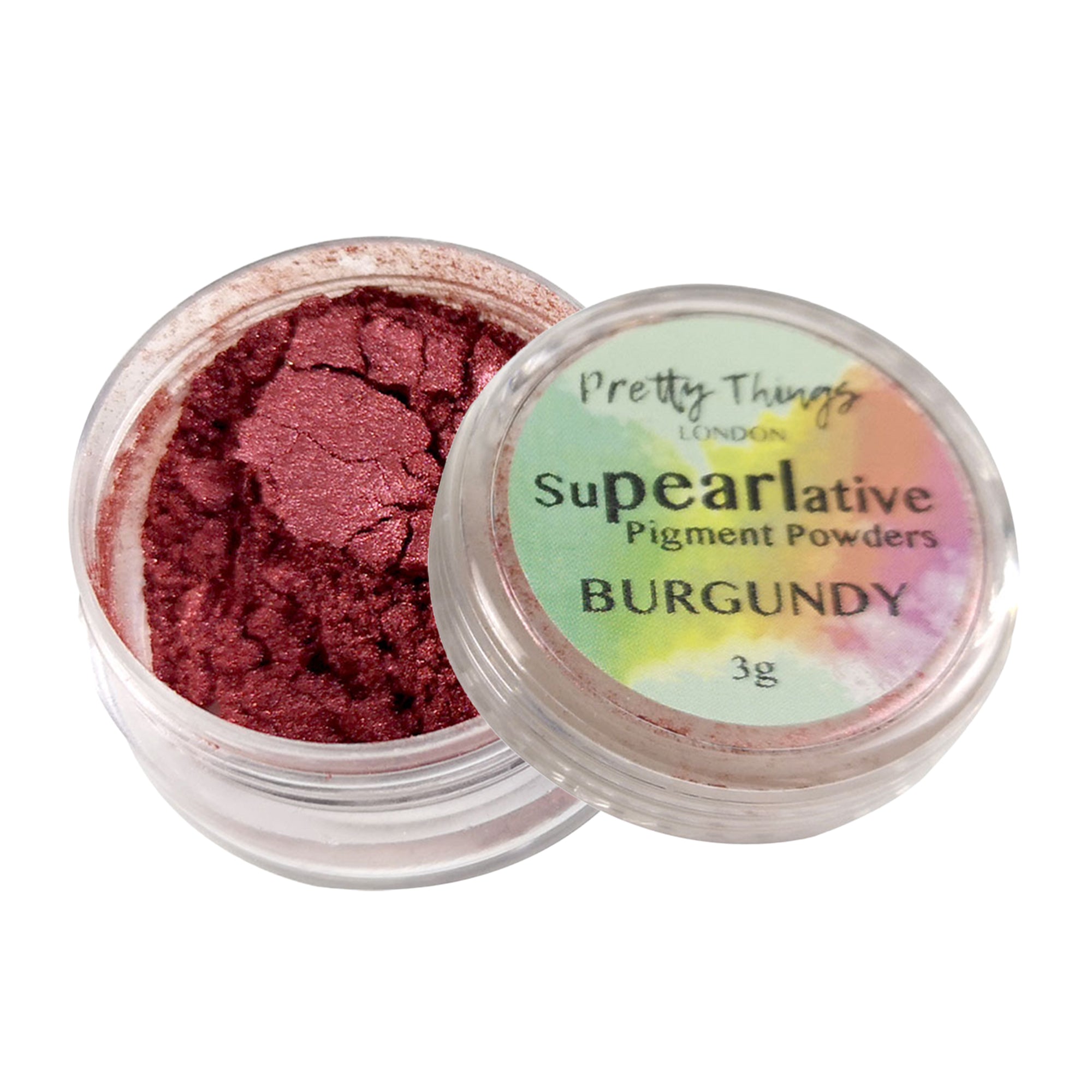 Pretty Things London Supearlative Pigment Powders Burgundy 3g in an open container showing vibrant, shimmering gold pigment.