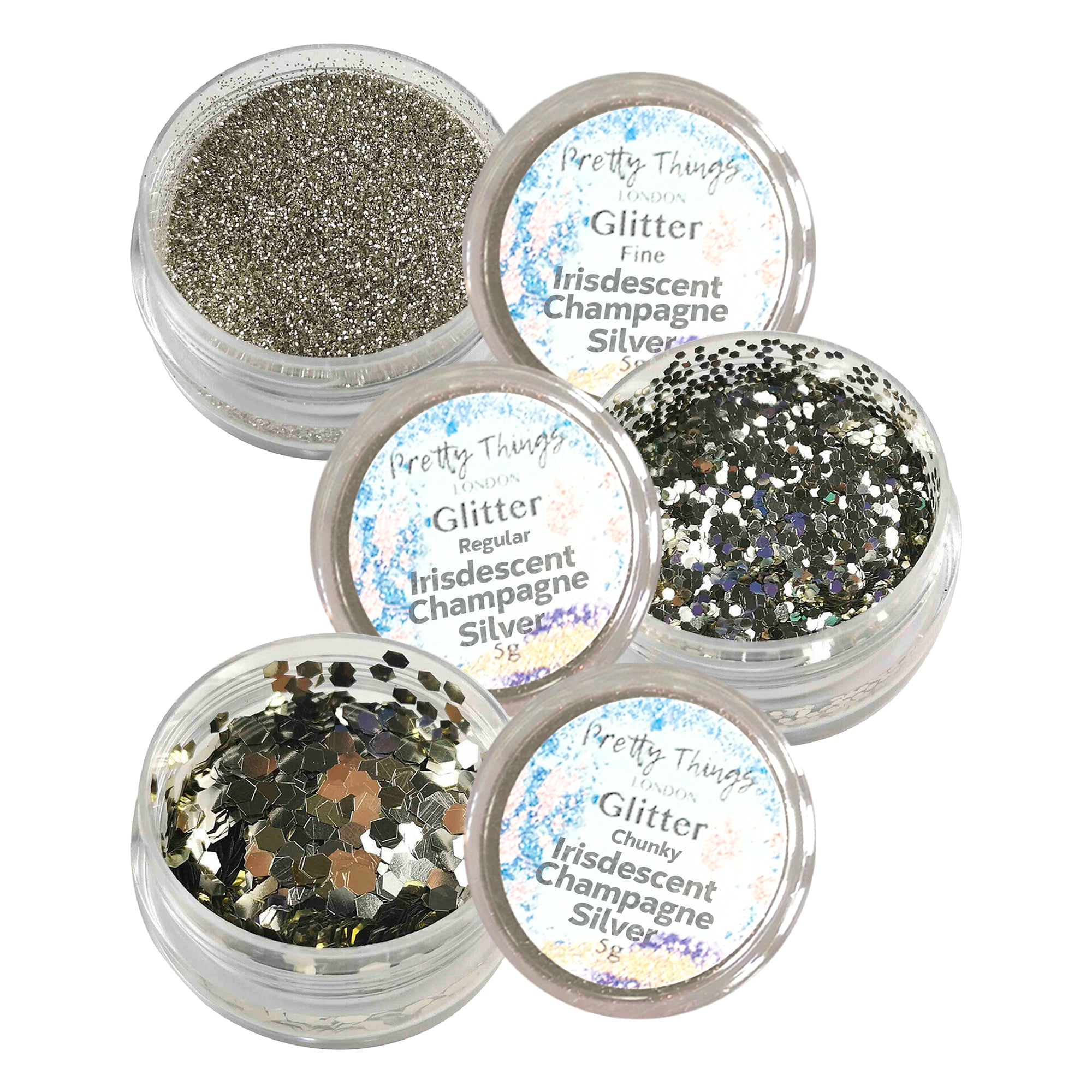 1.	Pretty Things London Metallic Champagne Silver Glitter Trio - Fine, Regular, and Chunky