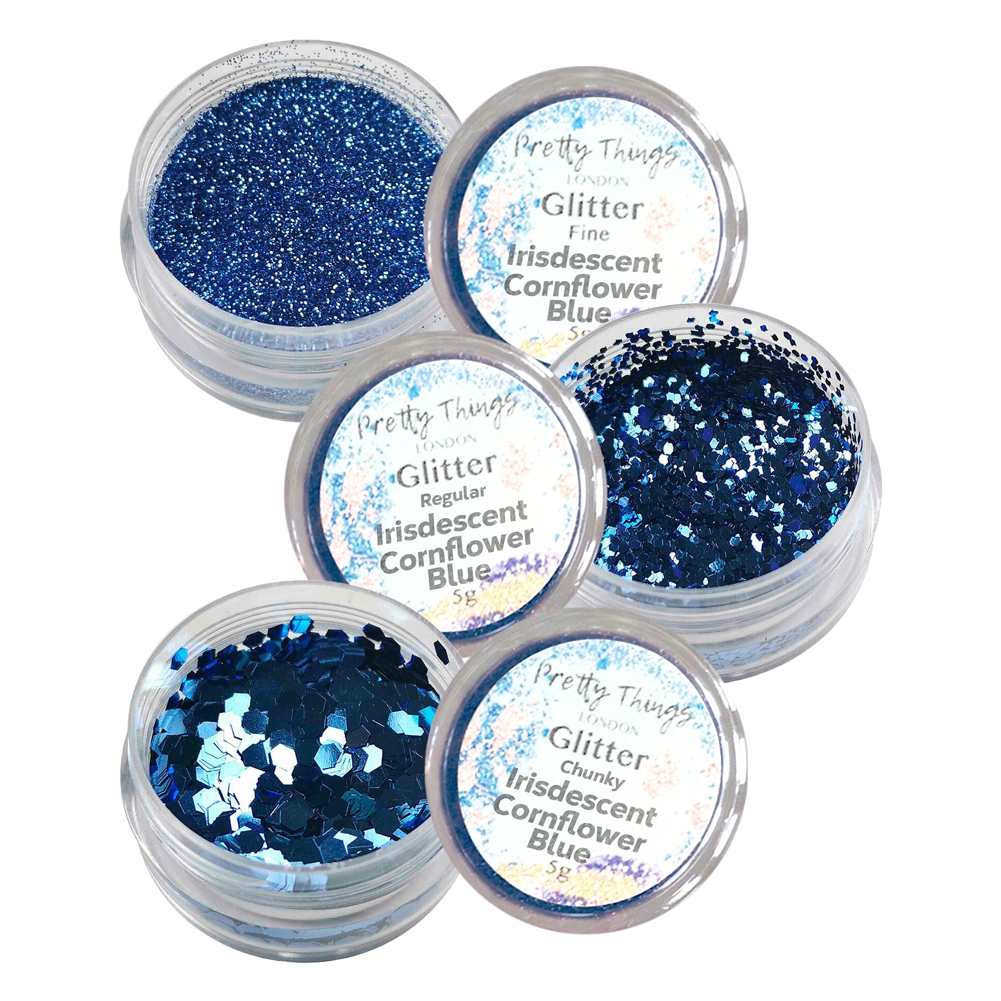 1.	Pretty Things London Metallic Cornflower Blue Glitter Trio - Fine, Regular, and Chunky