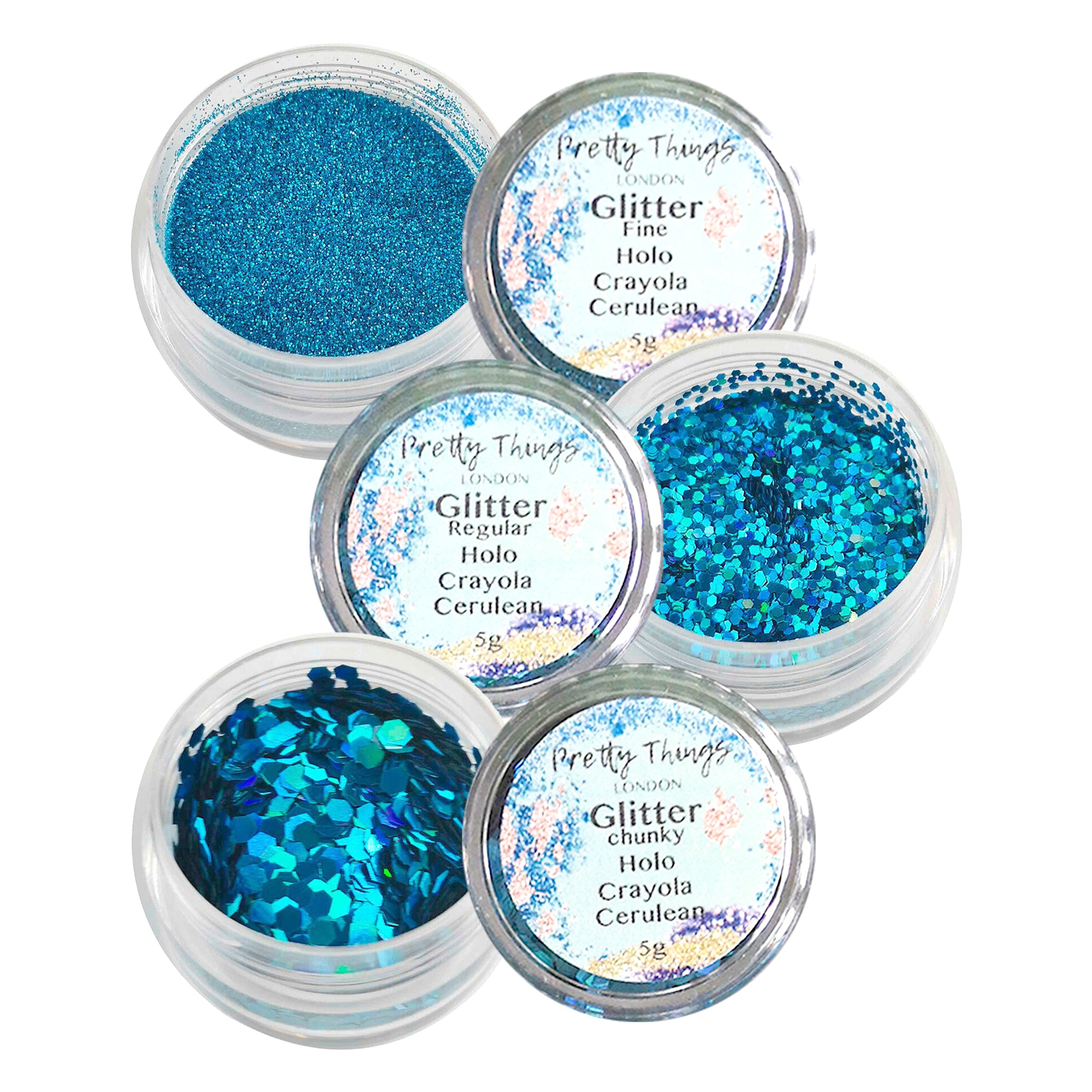 1.	Pretty Things London Crayola Curelean Glitter Trio - Fine, Regular, and Chunky Holographic Glitters