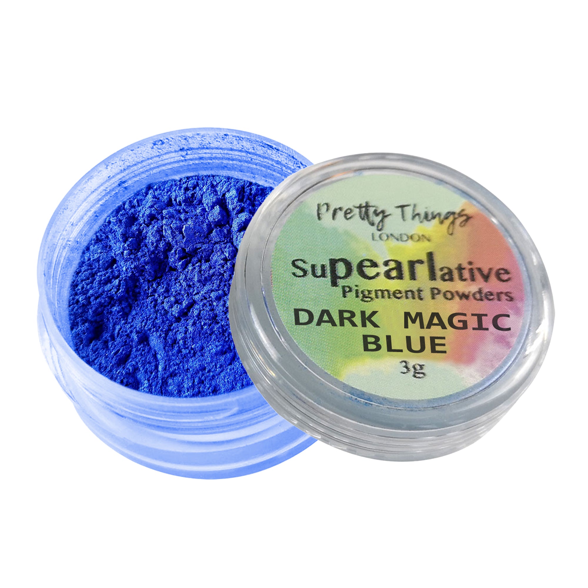 Pretty Things London Supearlative Pigment Powders Dark Magic Blue 3g in an open container showing vibrant, shimmering gold pigment.