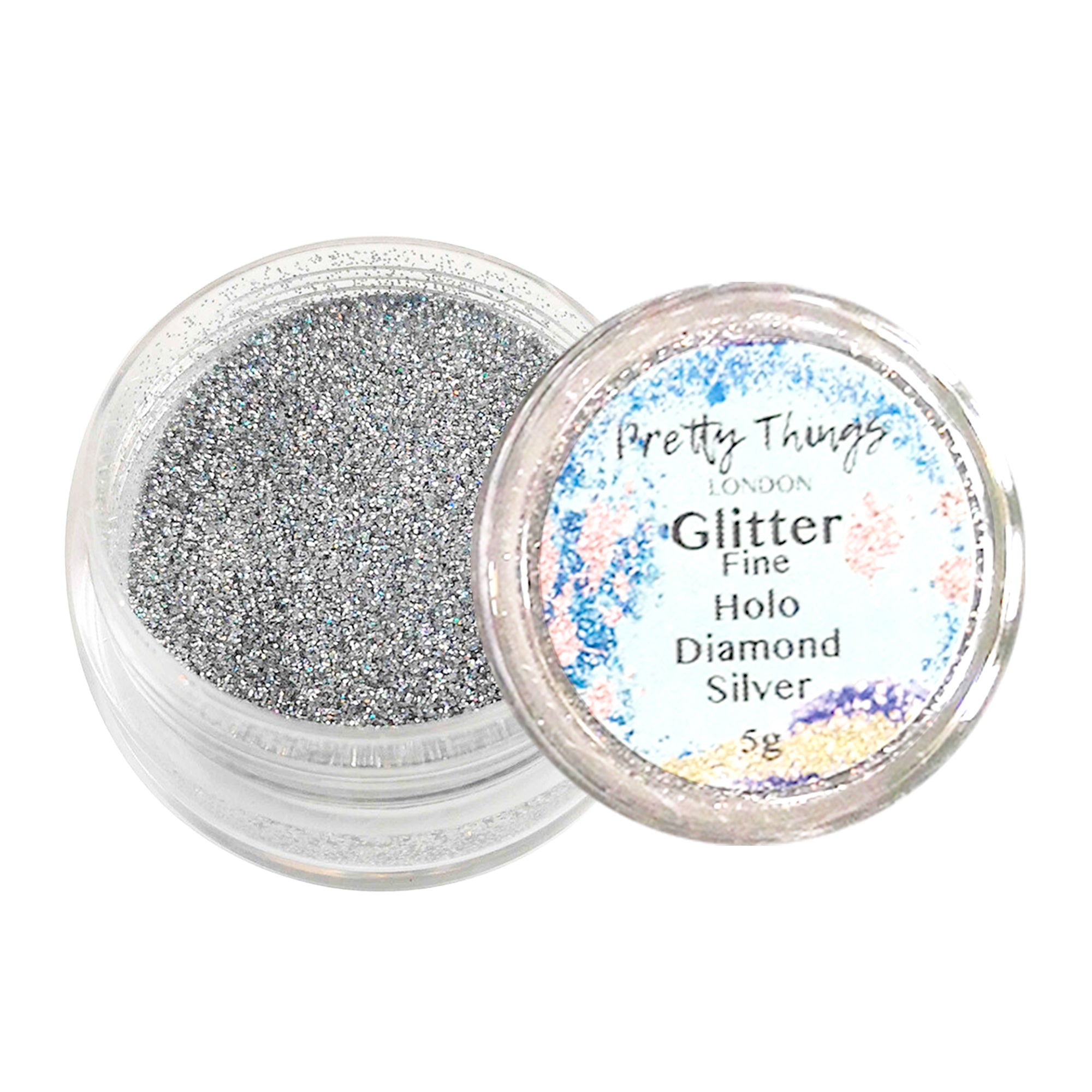 1.	Pretty Things London Fine Holographic Glitter in Diamon Silver 5g in open container showing sparkles