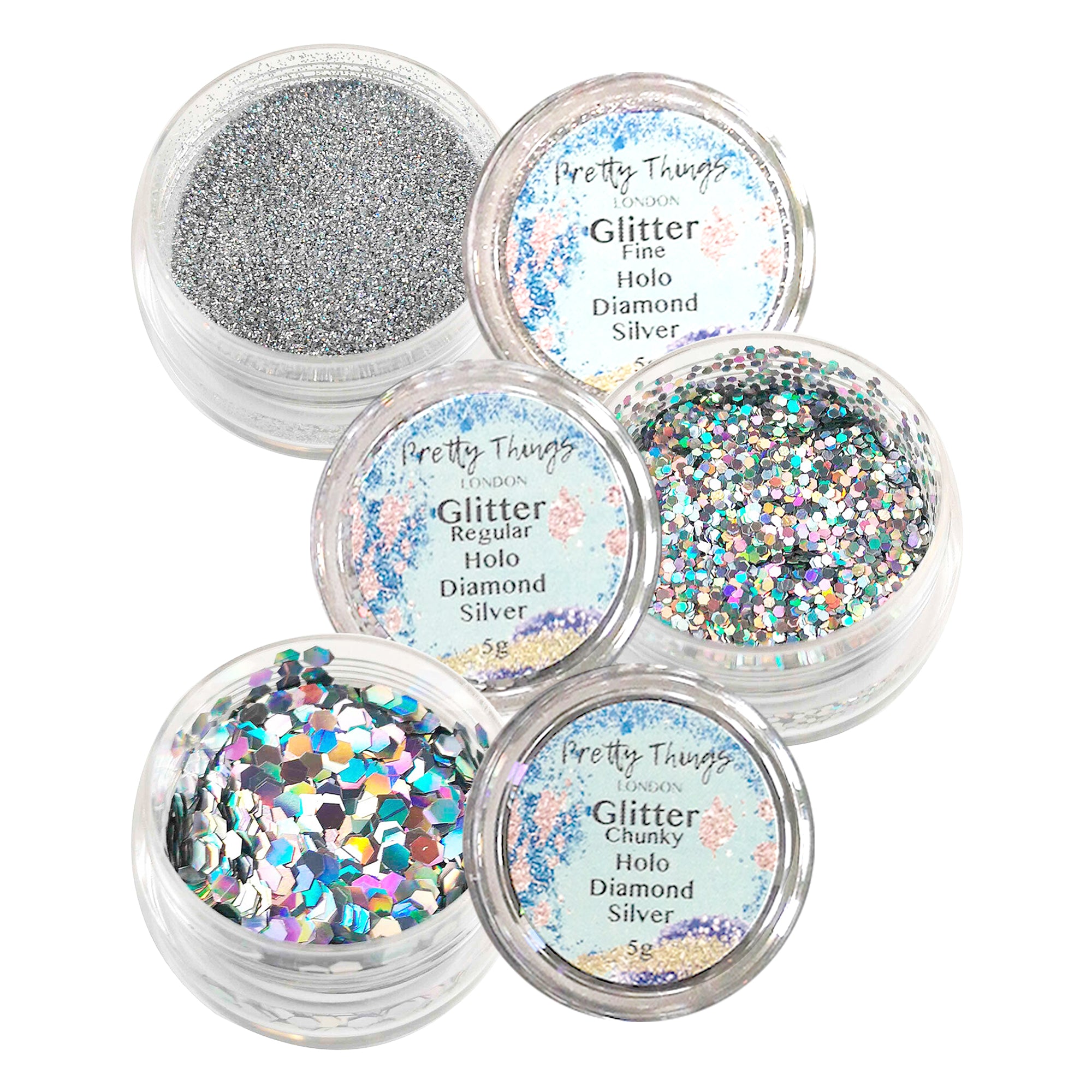 1.	Pretty Things London Diamon Silver Glitter Trio - Fine, Regular, and Chunky Holographic Glitters