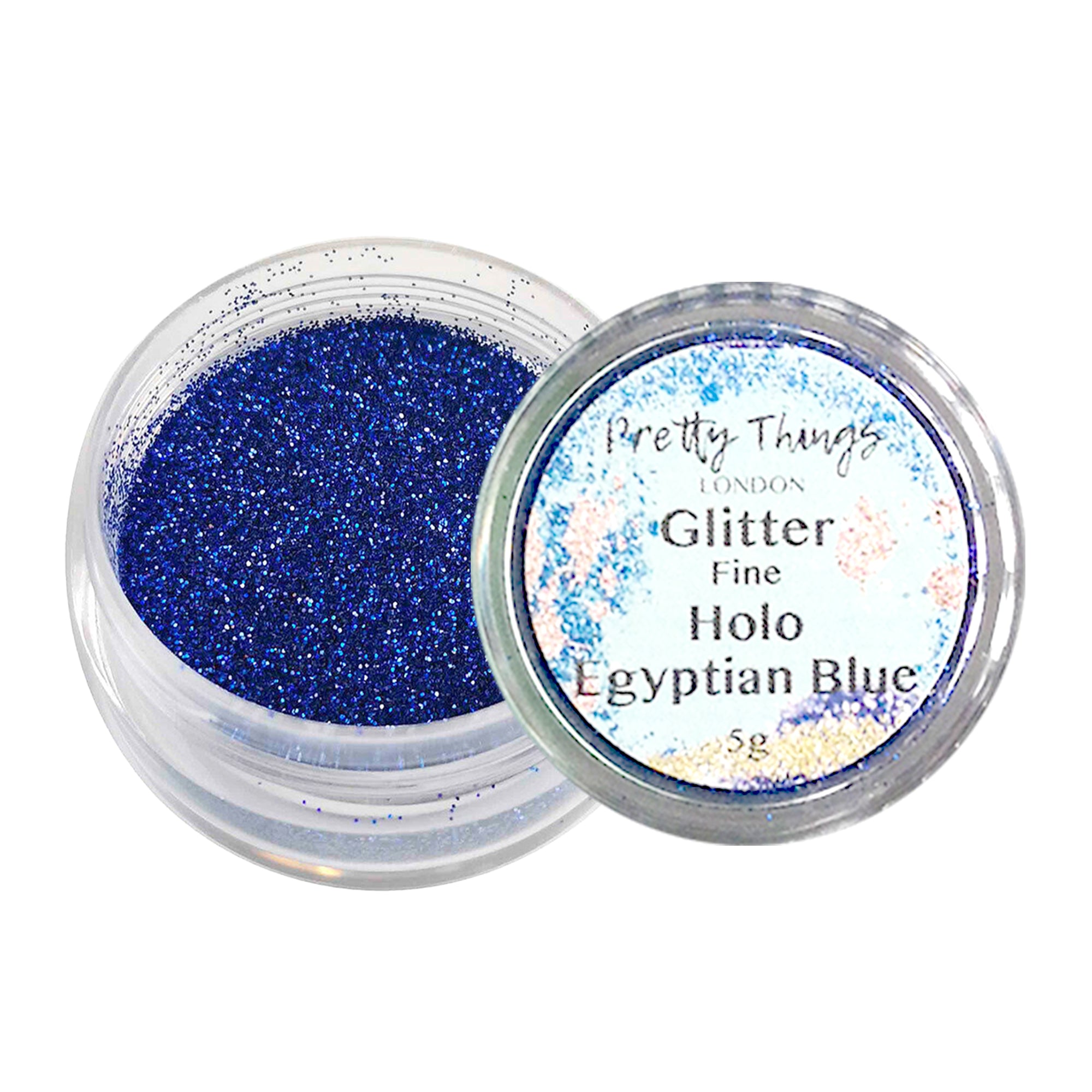 1.	Pretty Things London Fine Holographic Glitter in Egyptian Blue 5g in open container showing sparkles