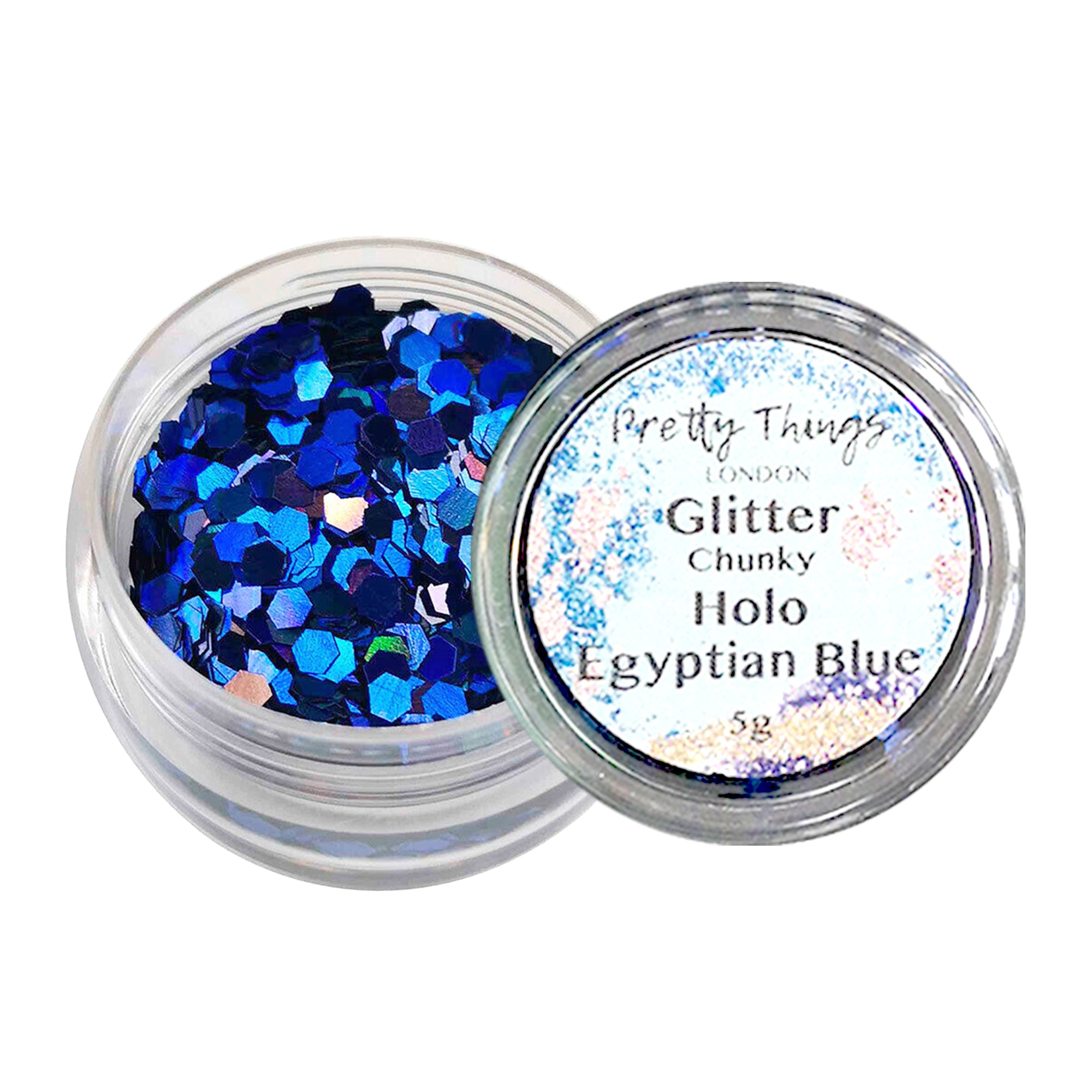 1.	Pretty Things London Chunky Holographic Glitter in Egyptian Blue - 5g jar