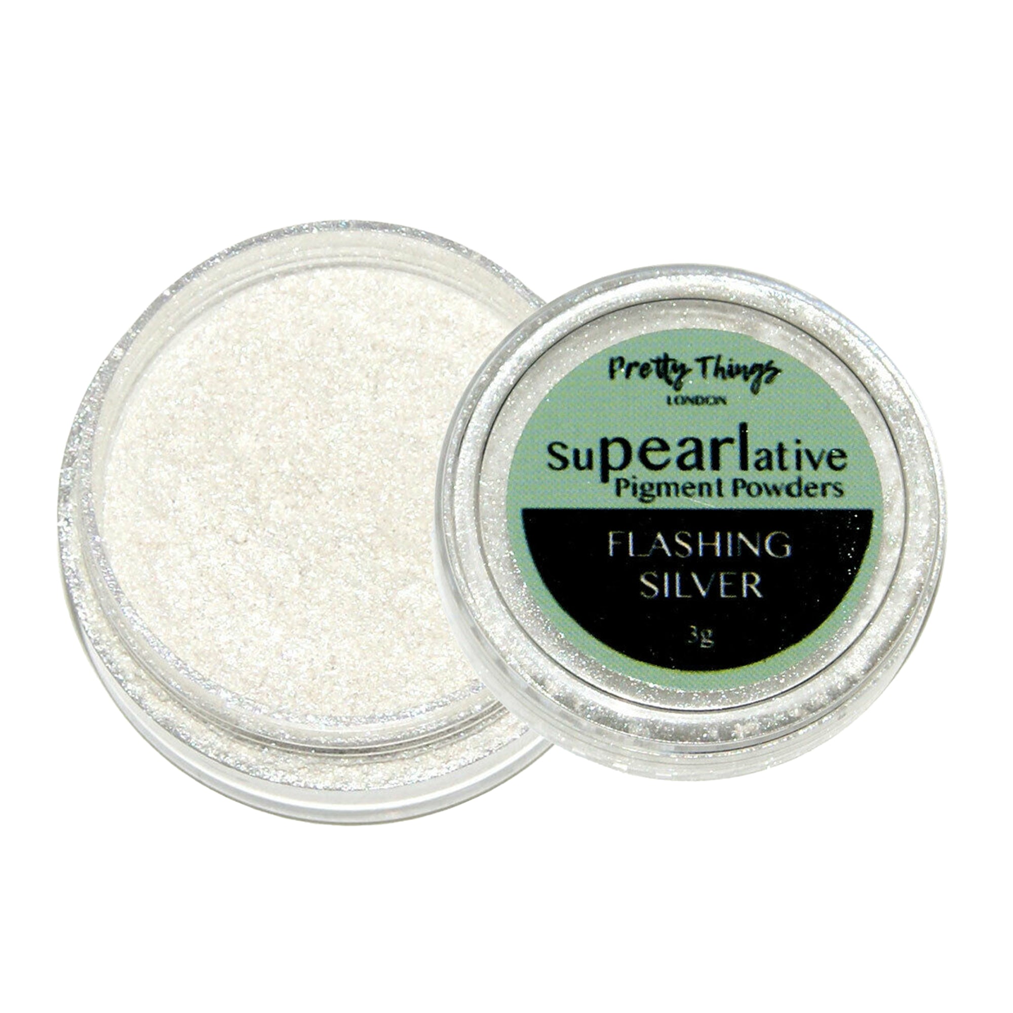 Pretty Things London Supearlative Pigment Powders Flashing Silver 3g in an open container showing vibrant, shimmering gold pigment.