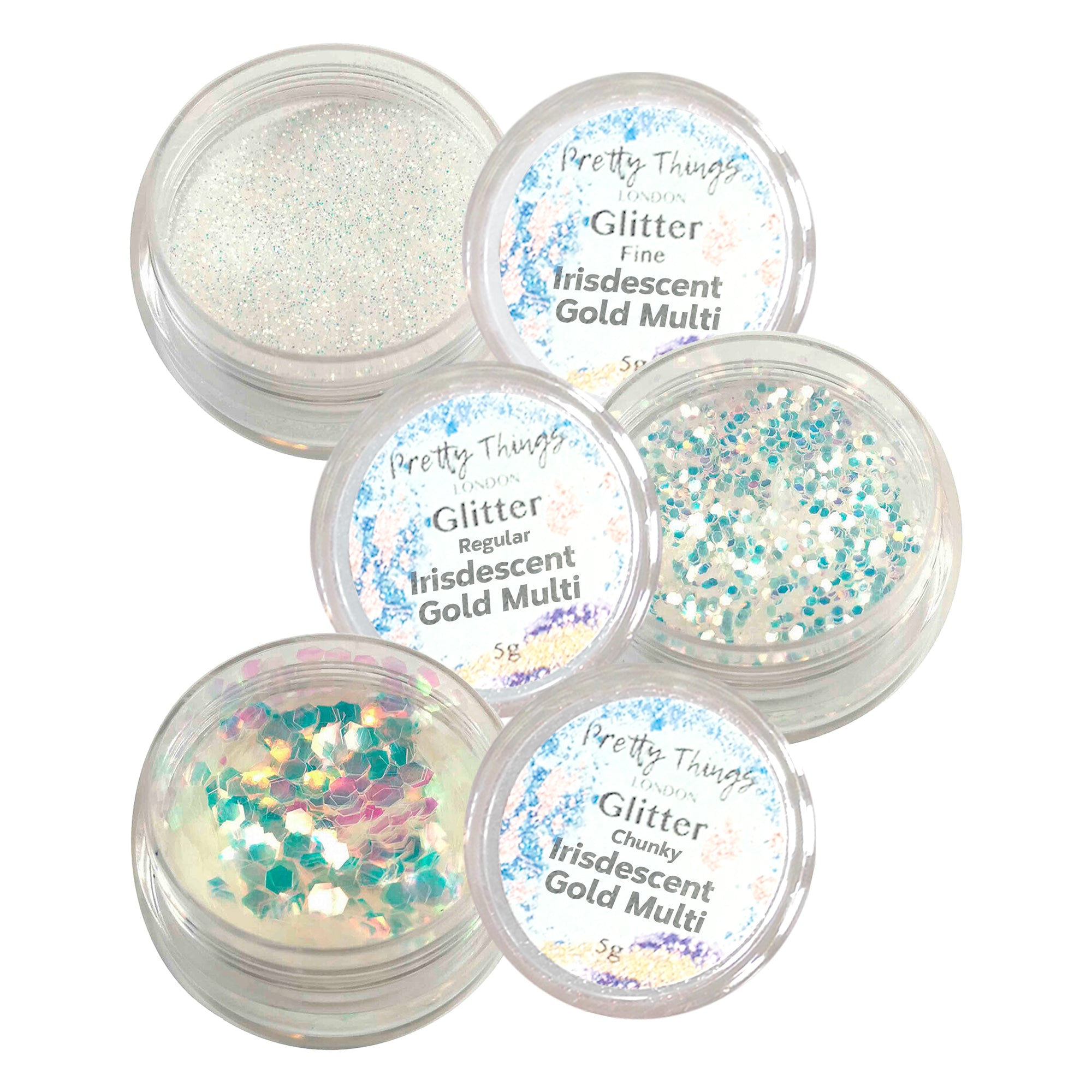 1.	Pretty Things London Iridescent Gold Multi Glitter Trio - Fine, Regular, and Chunky Glitters