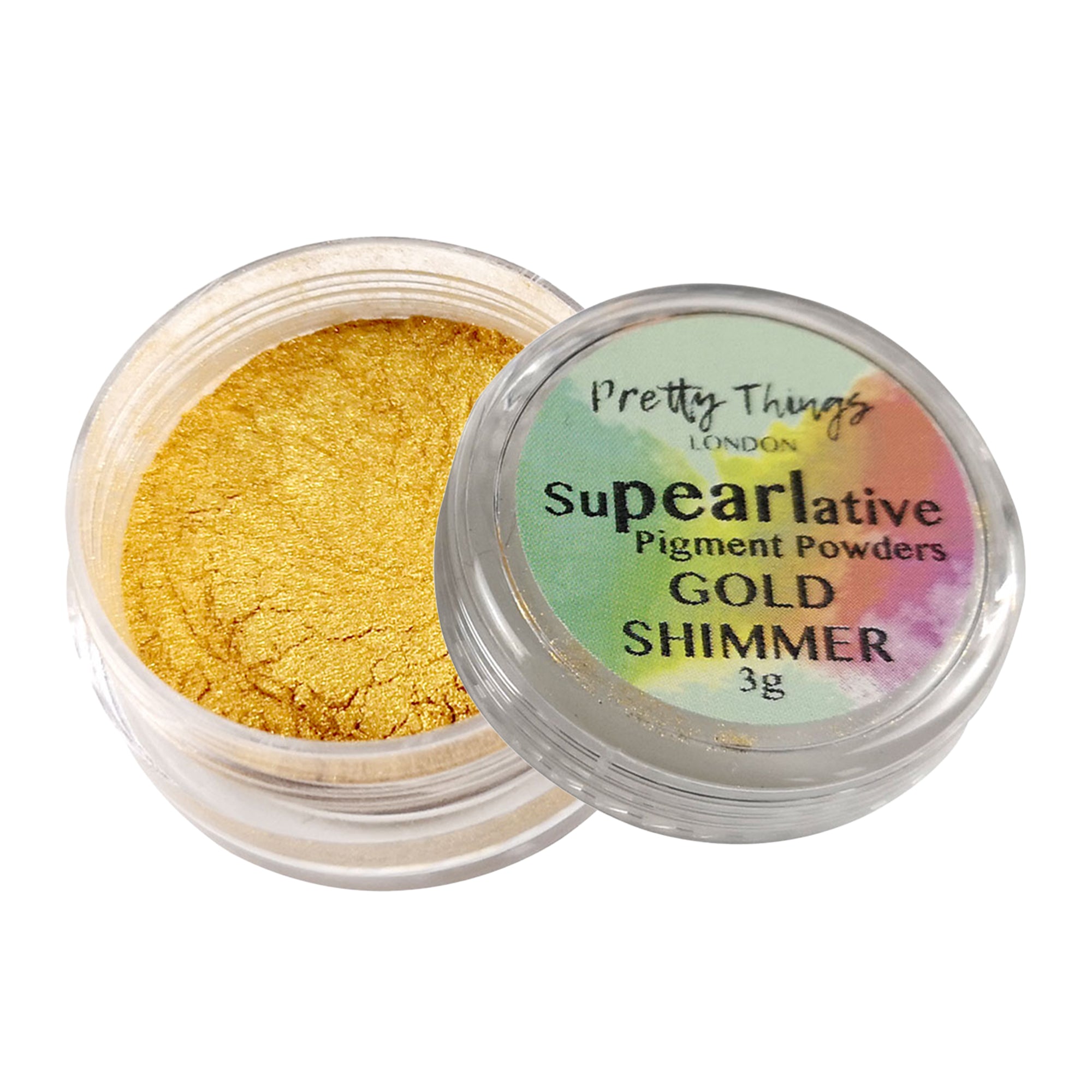 Pretty Things London Supearlative Pigment Powders Gold Shimmer 3g in an open container showing vibrant, shimmering gold pigment.