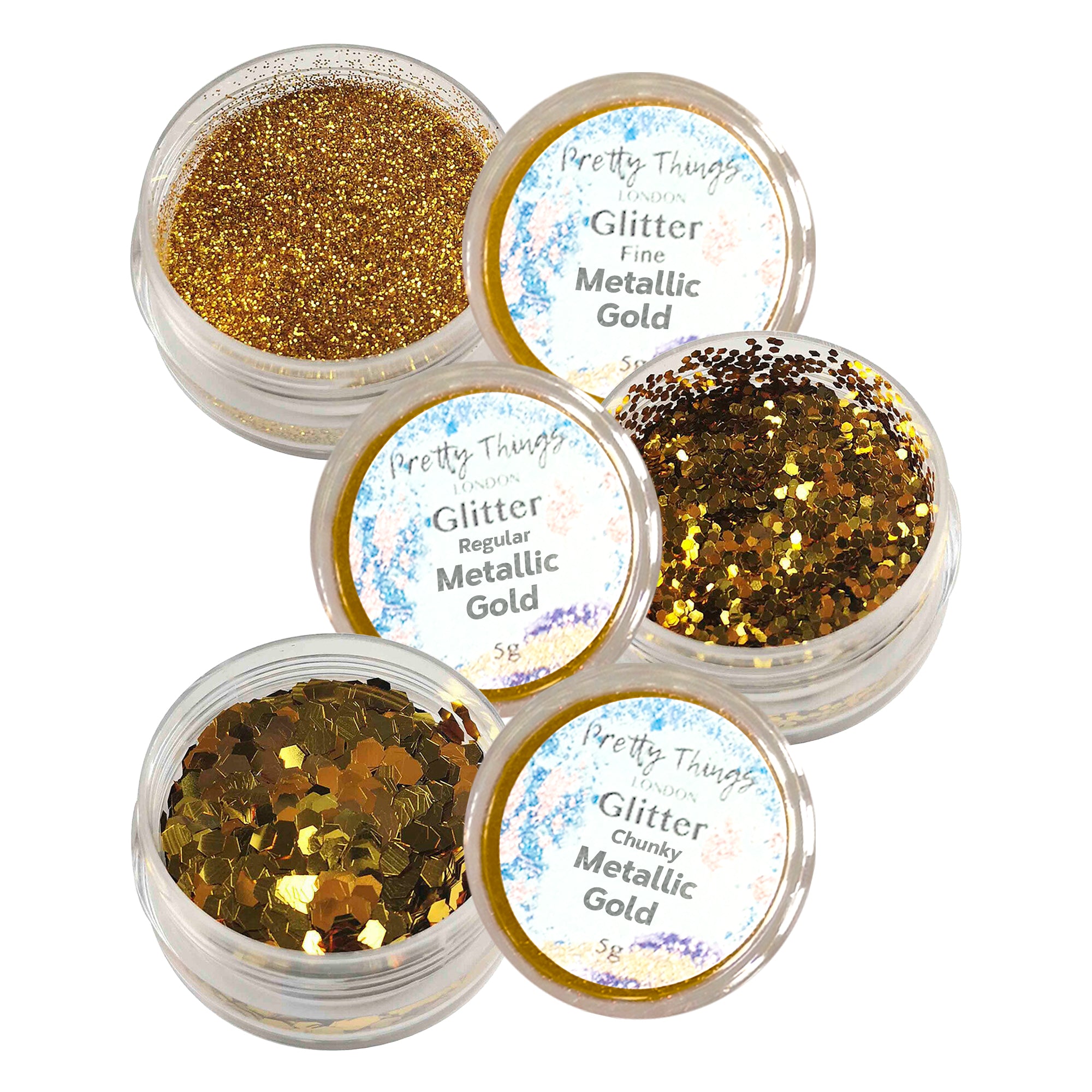 1.	Pretty Things London Metallic Gold Glitter Trio - Fine, Regular, and Chunky