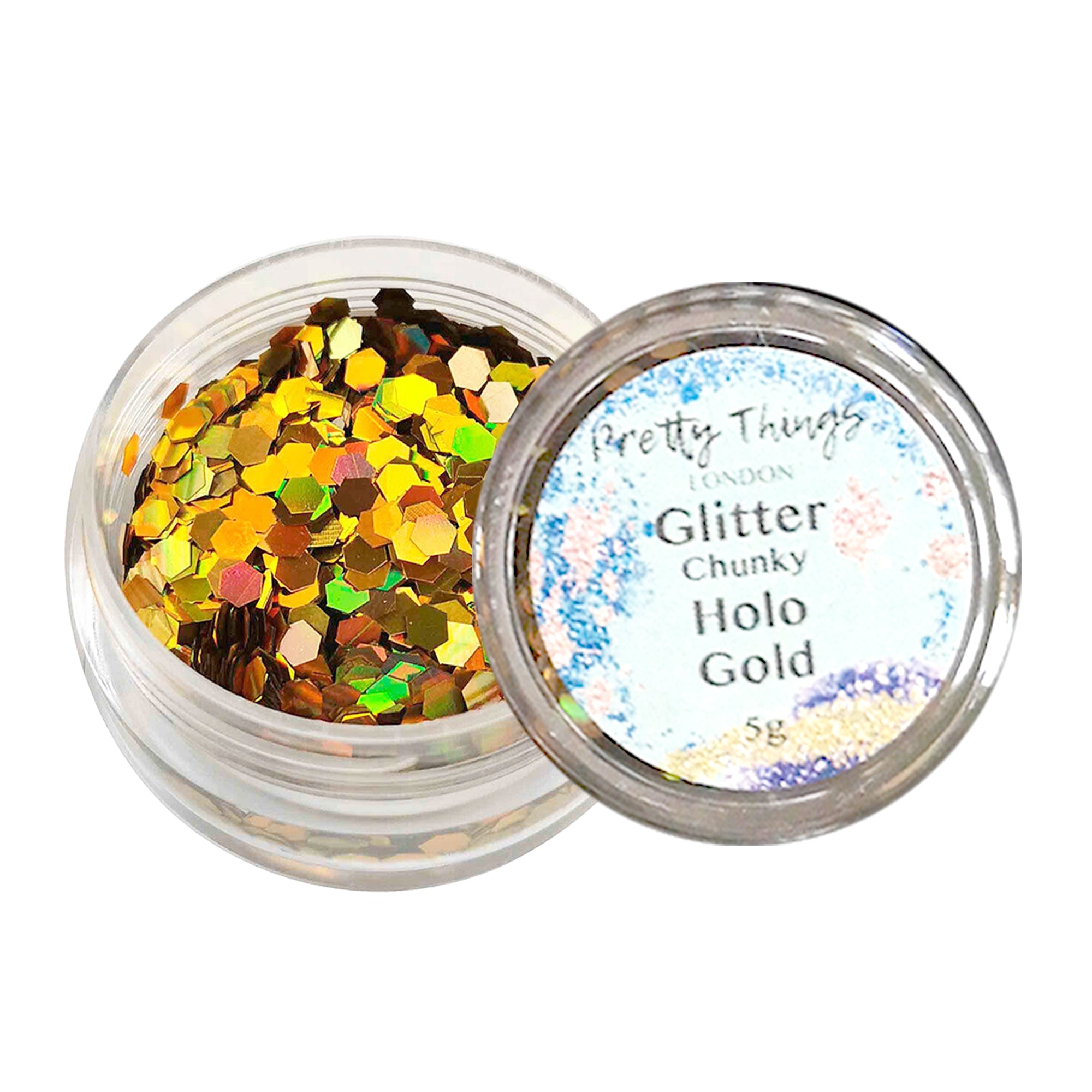 1.	Pretty Things London Chunky Holographic Glitter in Gold - 5g jar