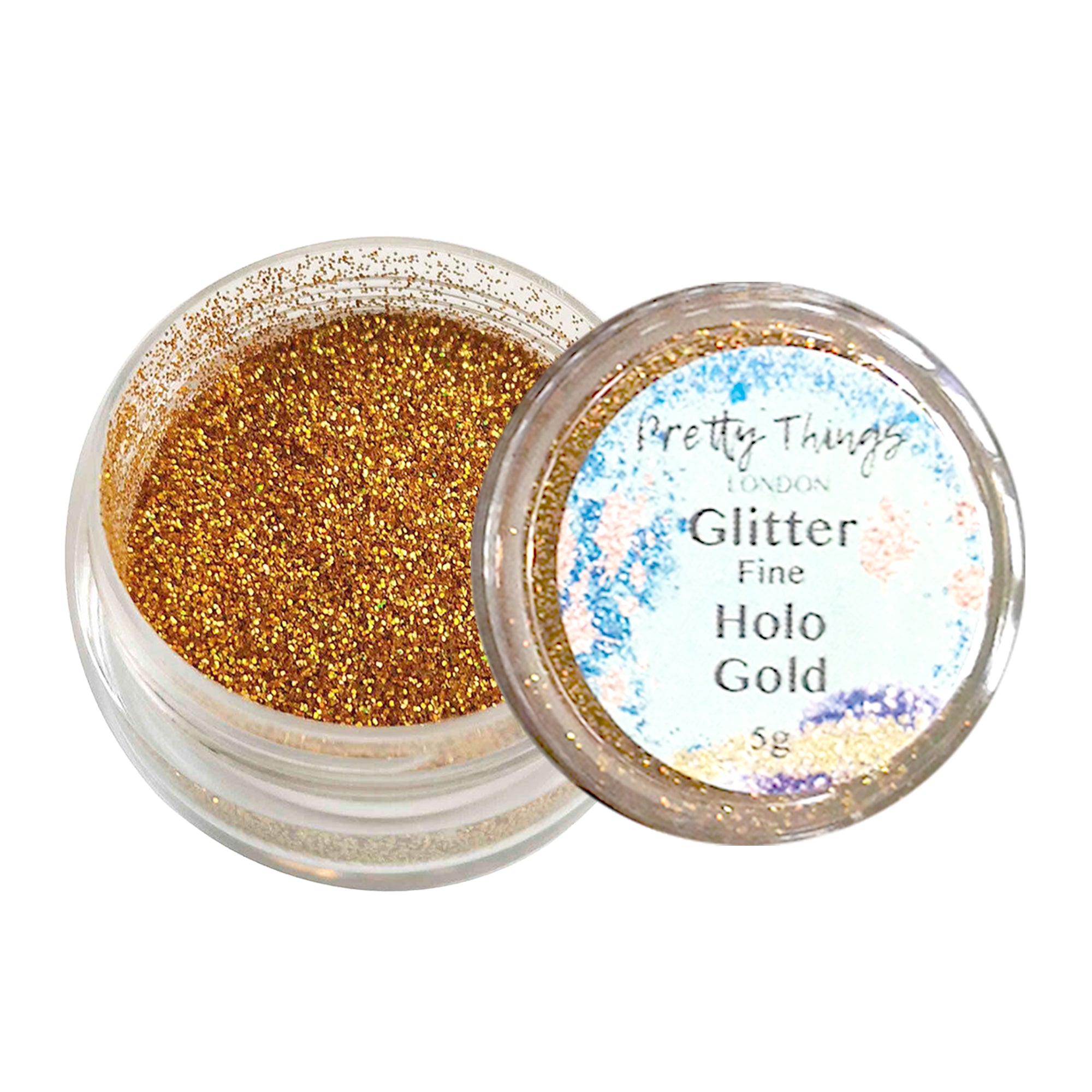 1.	Pretty Things London Fine Holographic Glitter in Gold 5g in open container showing sparkles